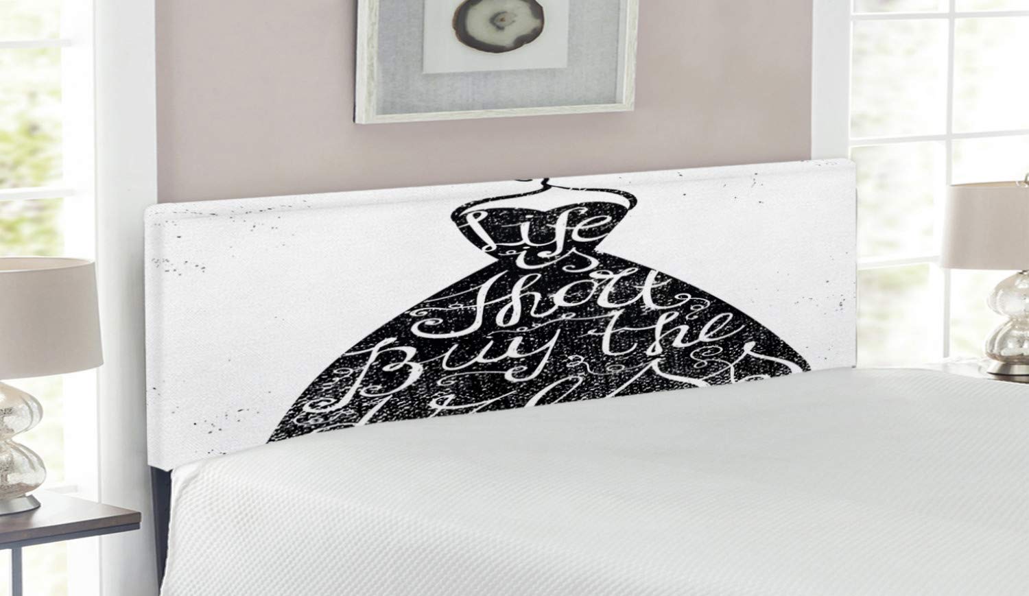 Ambesonne Lifestyle Upholstered Headboard with Memory Foam - Queen Size Brown & White Bed Headboard - Positive 'Life is Short Buy The Dress' Hanger Illustration - Decorative Metal Frame for Bedroom, Guest Room, Dorm Decor