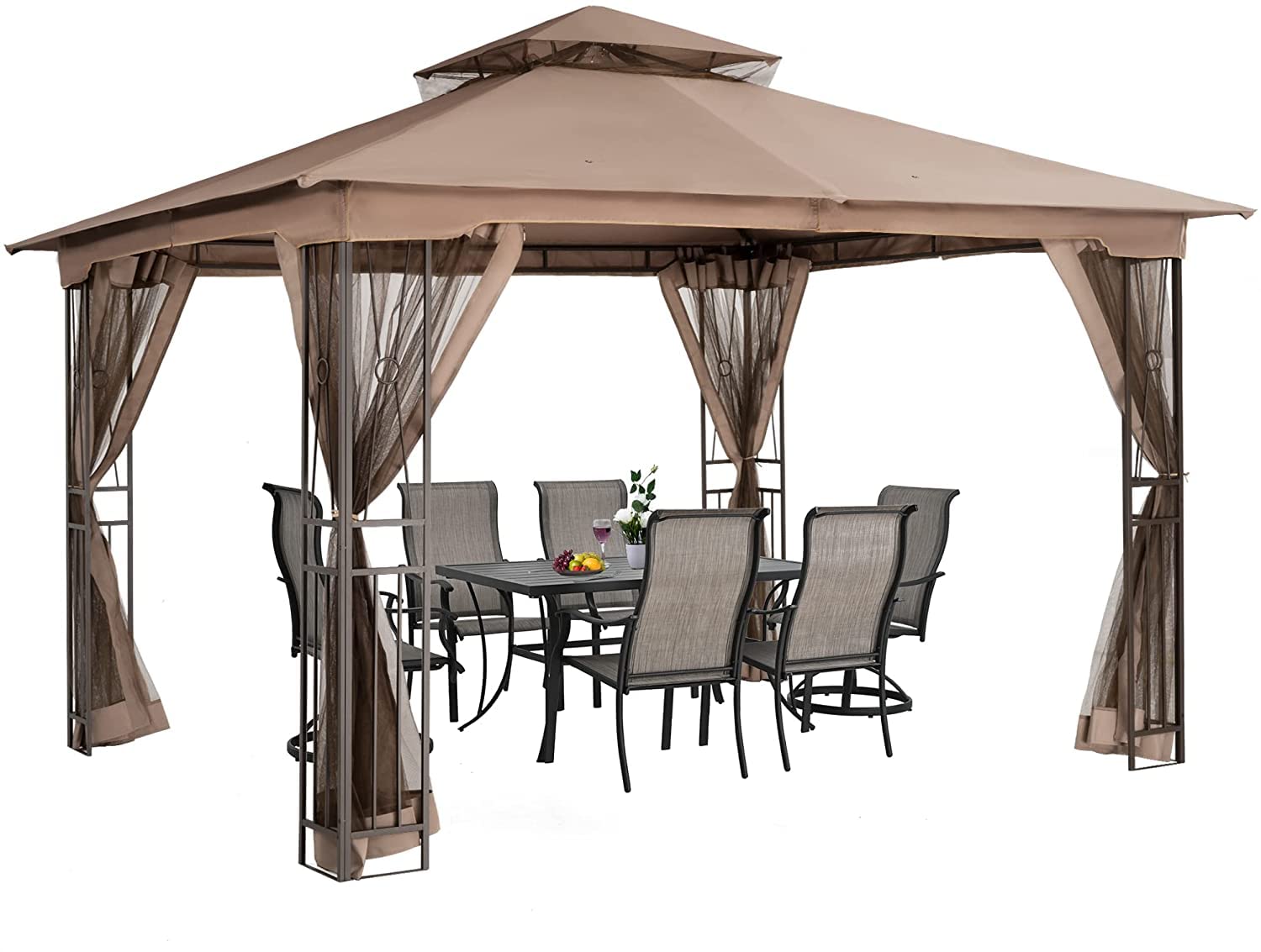 HAPPATIO 10' X 12' Outdoor Patio Gazebo with Ventilation Double Roof & Mosquito Netting - Light Brown Canopy for Garden, Lawn, Backyard - Perfect for Outdoor Dining, Relaxation & Summer Parties