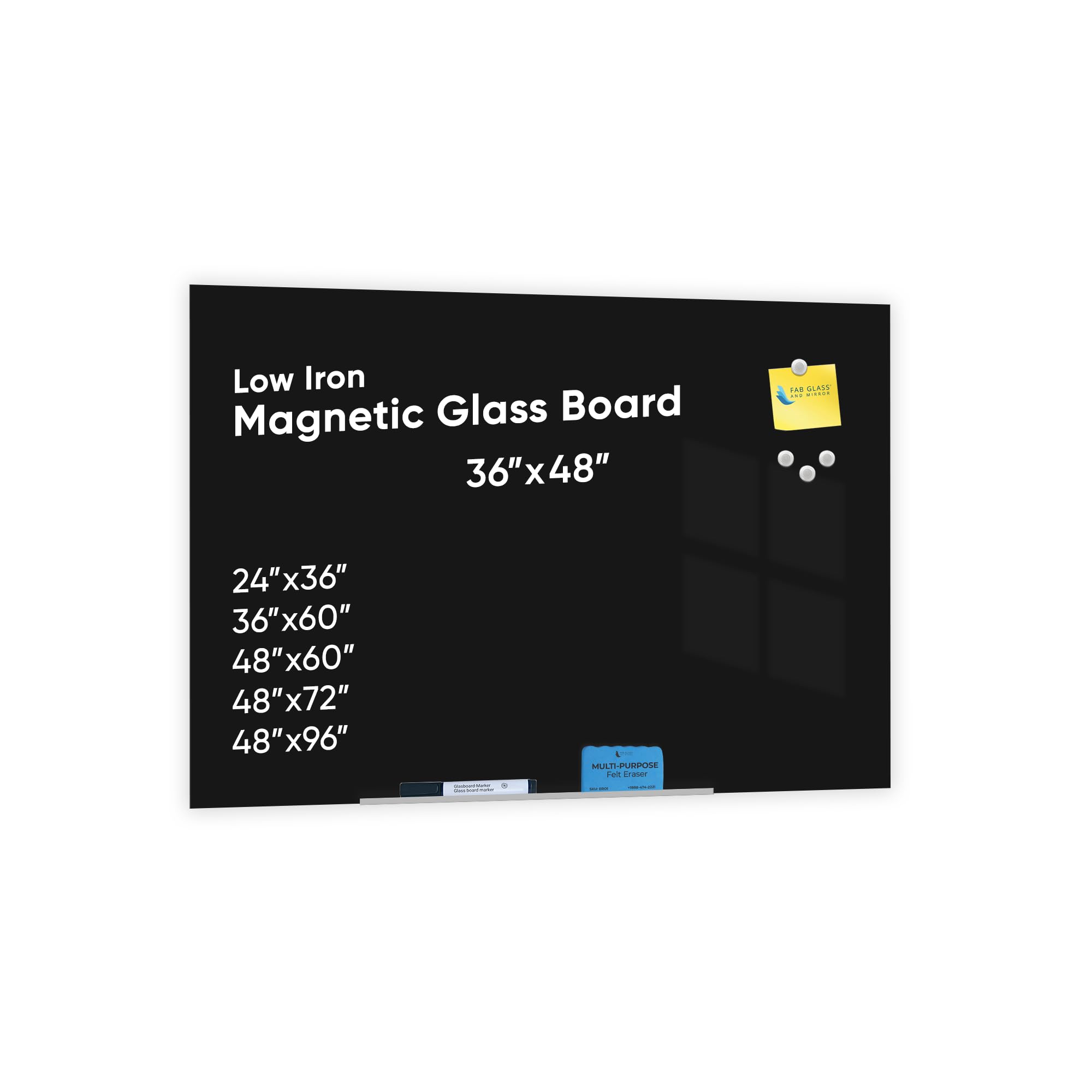 Premium 3'x4' Frameless Glass Dry Erase Board with Eased Corners - Floating Black Surface Whiteboard Includes Eraser, Magnets & Marker for Office, Home & Classroom Use - Ideal for Presentations, Brainstorming & Home Organization by Fab Glass and Mirror
