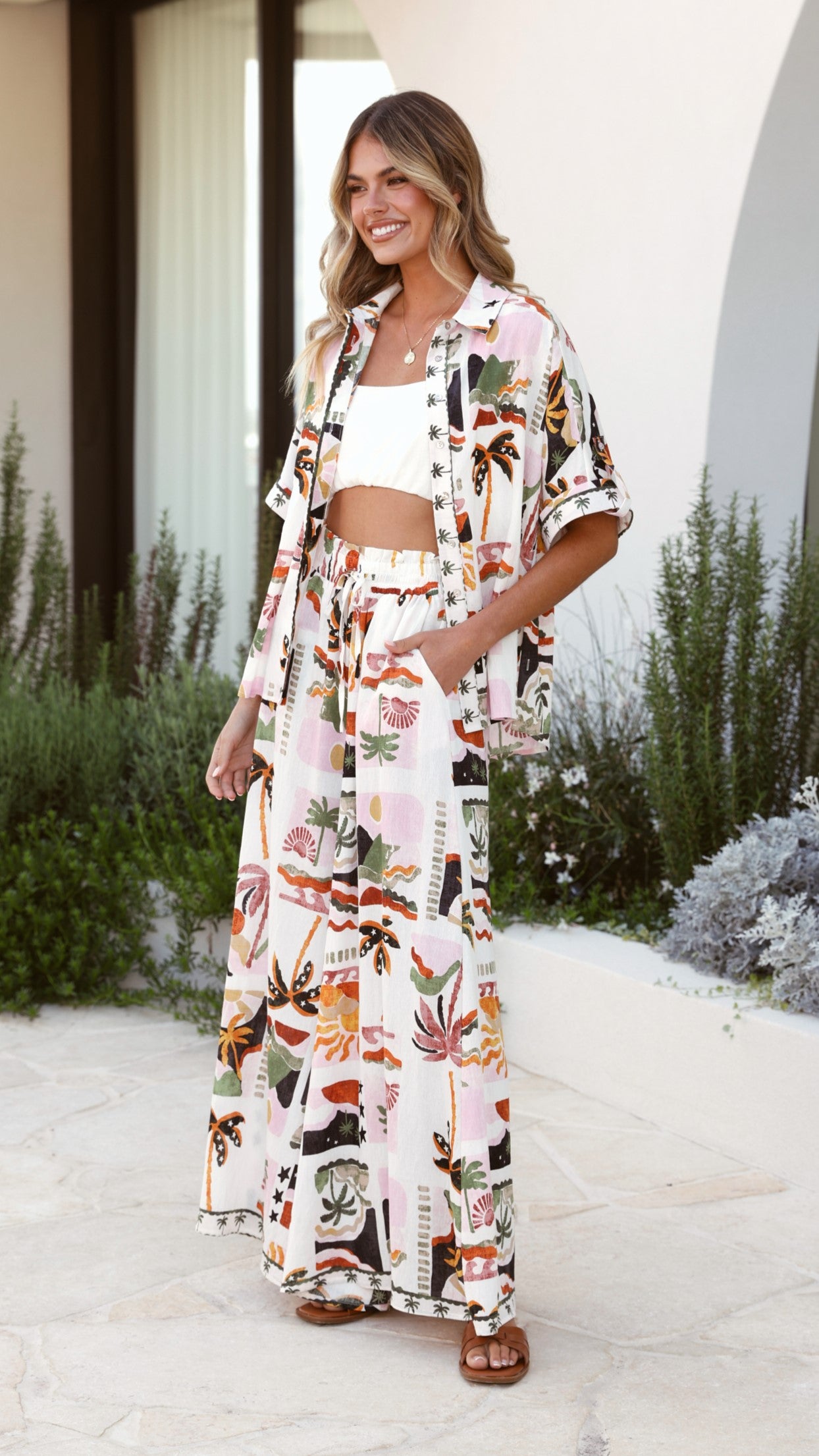 Avery Women's Wide Leg Pants - Desert Palms Print Boho Chic Lounge Pants for Casual Wear, Yoga & Beach Vacation