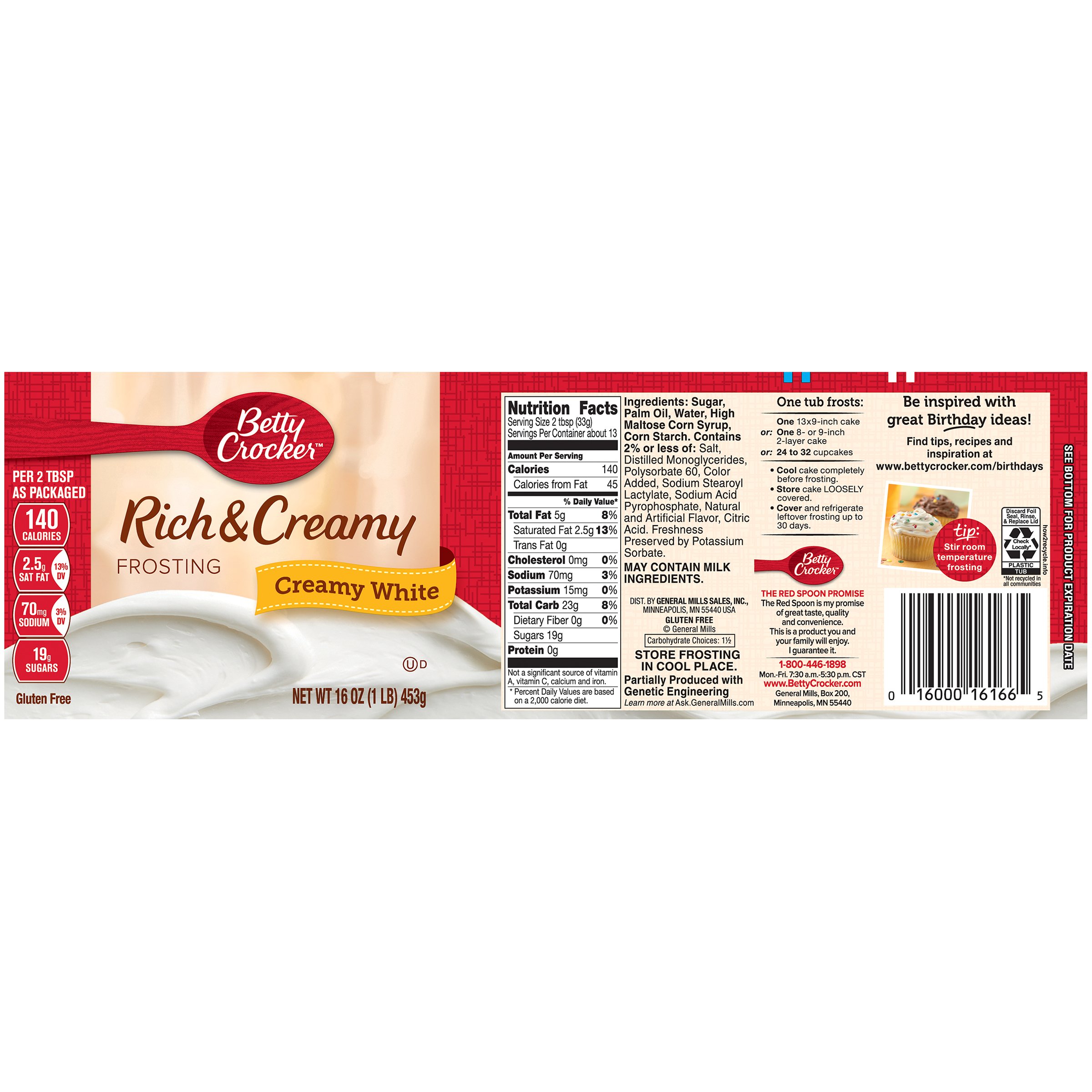 Betty Crocker Gluten Free Rich & Creamy White Frosting - 16 oz (Pack of 8) - Perfect for Cakes, Cupcakes & Desserts - Dairy Free & Vegan Friendly Baking Icing