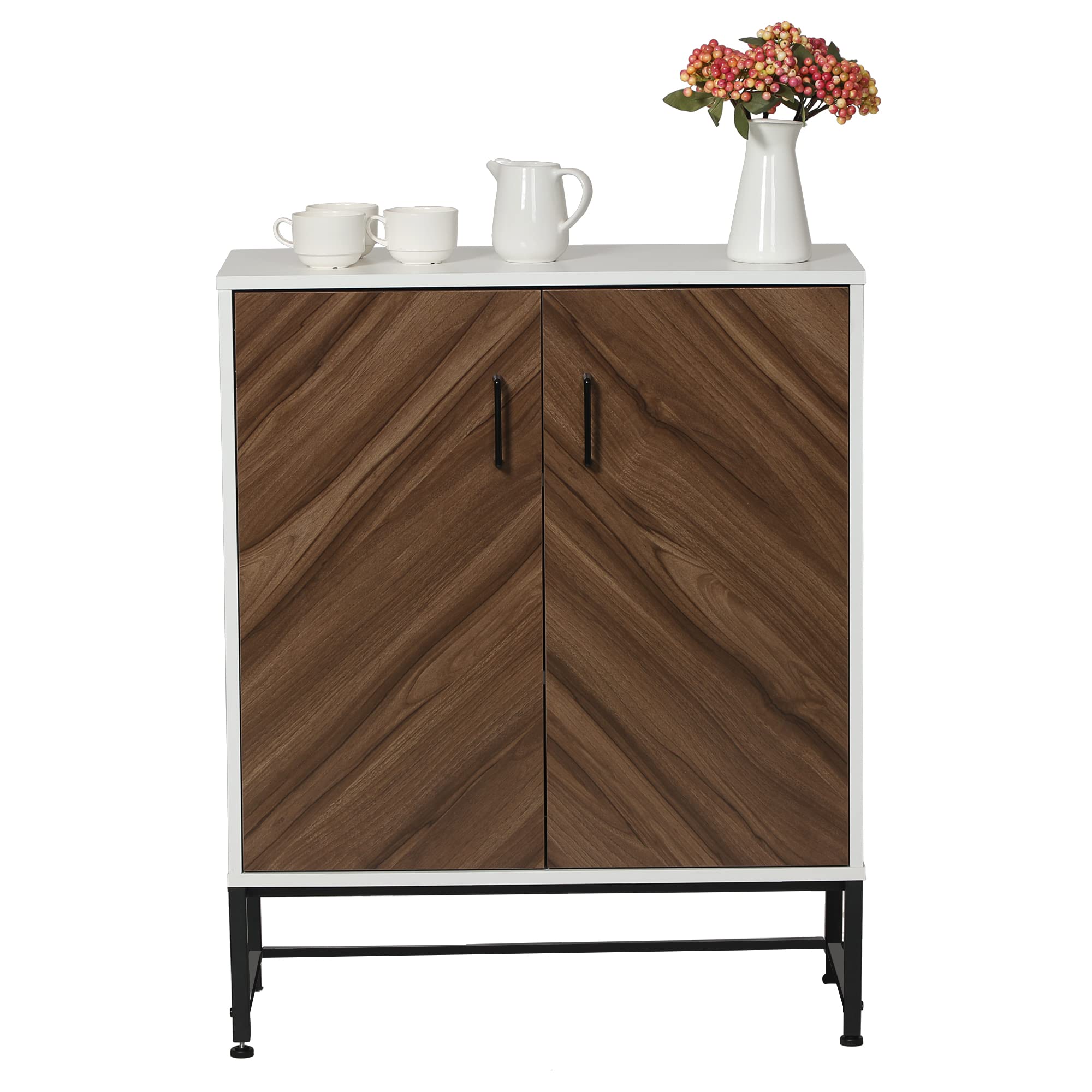 ALPHA HOME Wooden Accent Cabinet with Doors - Farmhouse Style Buffet Storage Cabinet for Kitchen, Dining Room & Living Room - Distressed Finish in Brown/White - 28.9 x 12.5 x 35.2 Inches - Perfect for Organizing Dishes, Linens & Home Decor