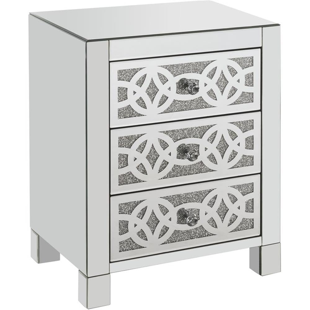 Acme Noralie Glass Accent Table with 3 Drawers - Mirrored Finish & Faux Diamond Decor - Perfect for Living Room, Bedroom or Entryway Decor