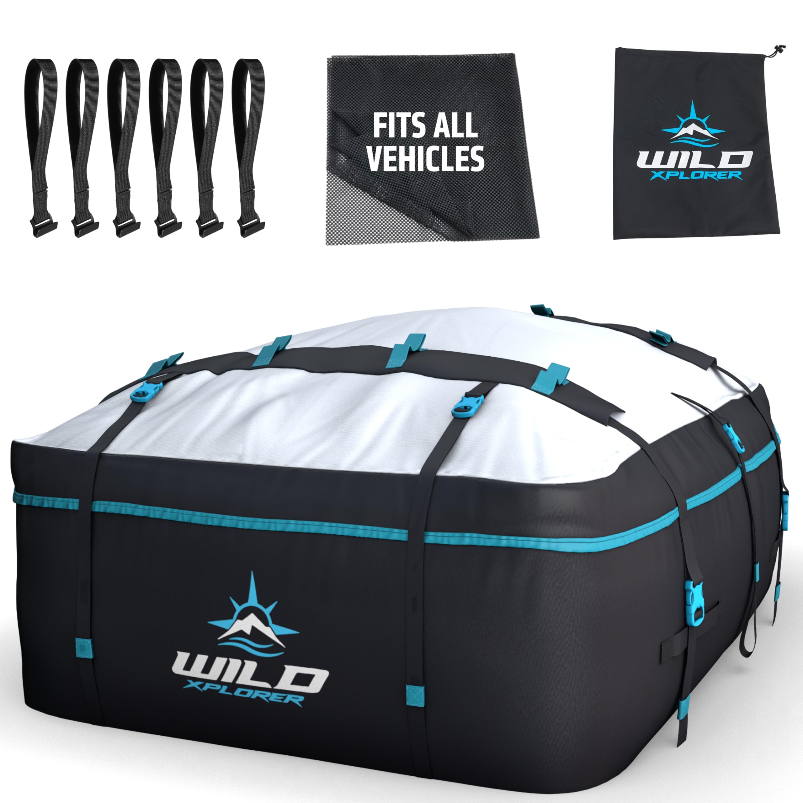 Universal XXL Waterproof Car Rooftop Cargo Carrier Bag - Holds 6 Suitcases, No Roof Rack Needed - SUV Luggage Rack with 6 Hooks & Storage Mat - Perfect for Road Trips, Camping & Family Vacations