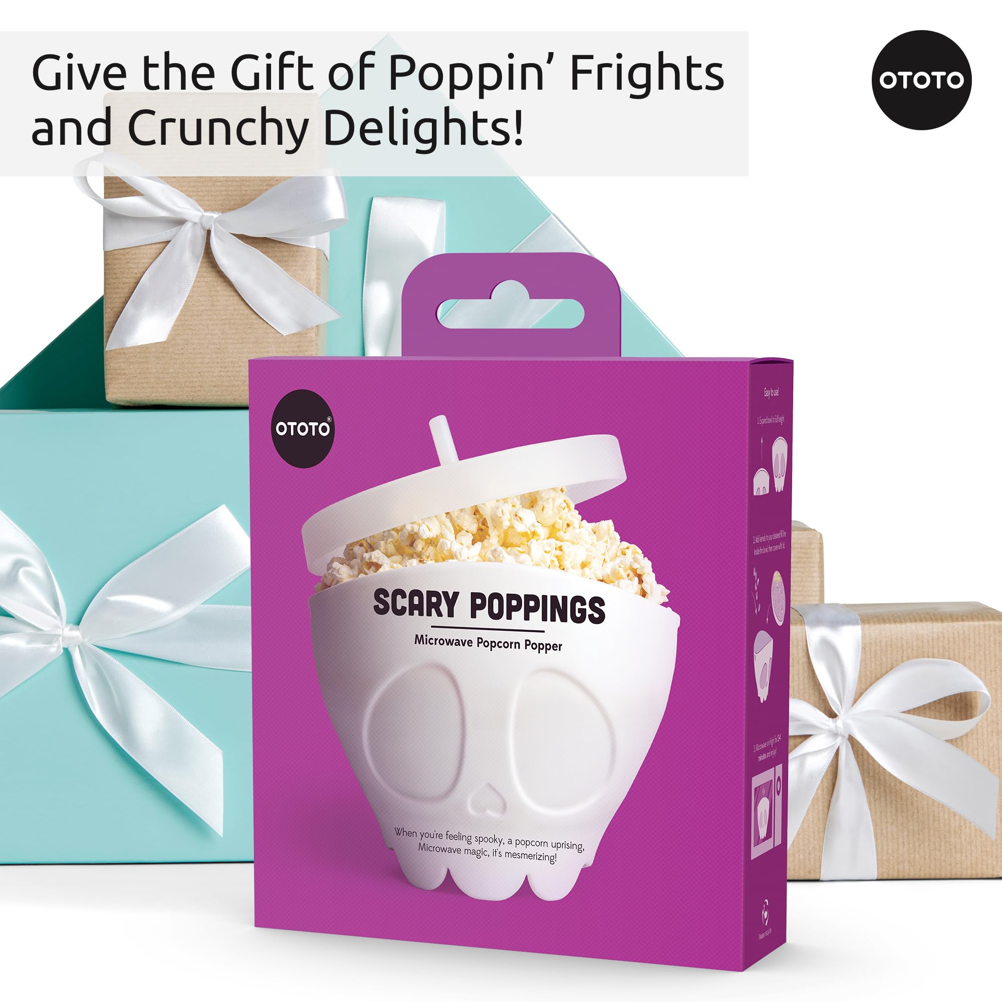 OTOTO Gothic Microwave Popcorn Popper - Scary Halloween Silicone Popcorn Maker with Collapsible Bowl, Perfect for Movie Nights & Spooky Party Decor (White)