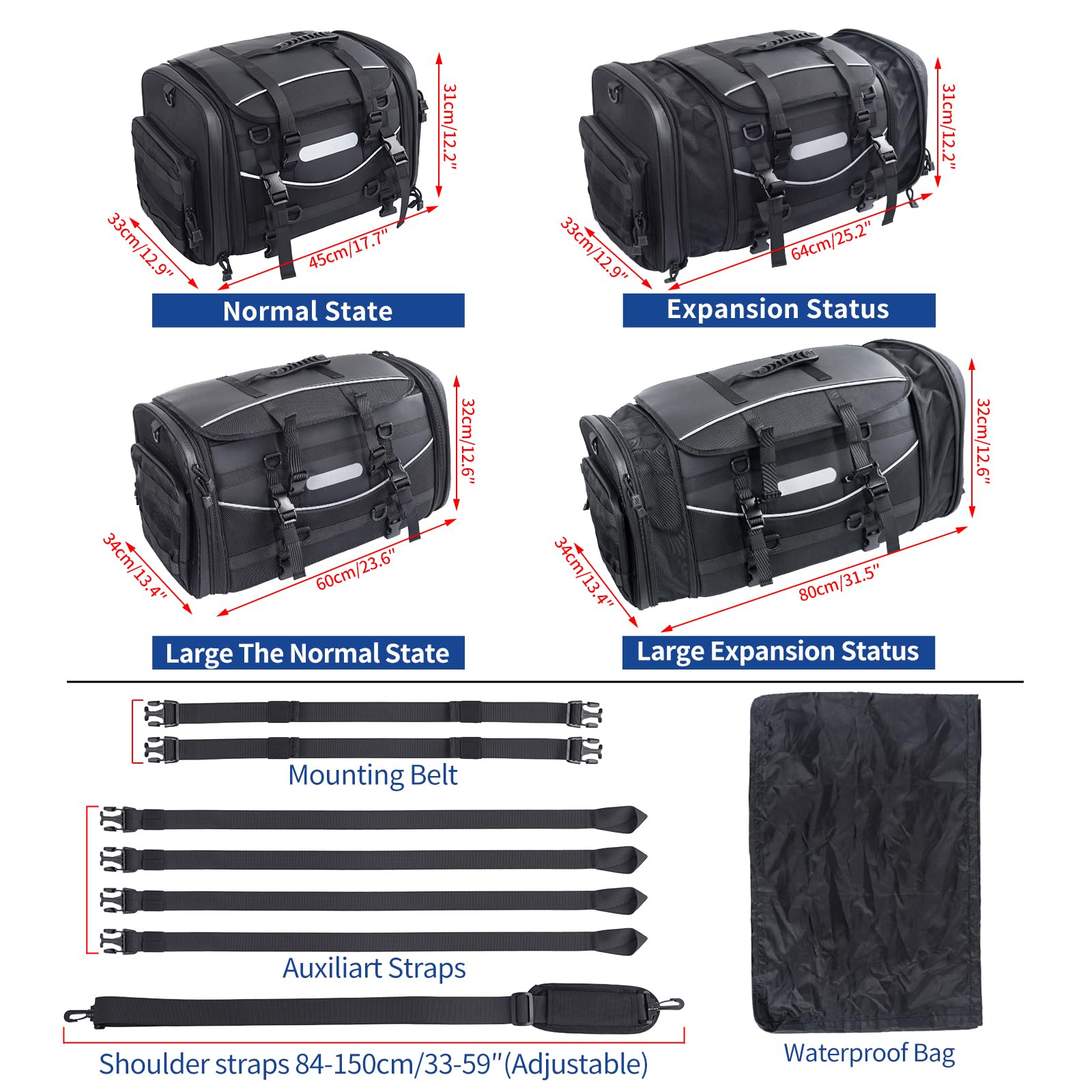 **Universal Motorcycle Travel Luggage - 60-85L Expandable Tail Bag (15-22 Gallon) | All-Weather Rack Bag, Sissy Bar Bag & Helmet Storage | Waterproof Tour Pack Backpack with 6 Straps & Cover | Ideal for Long-Distance Riding, Camping & Adventure Trips**