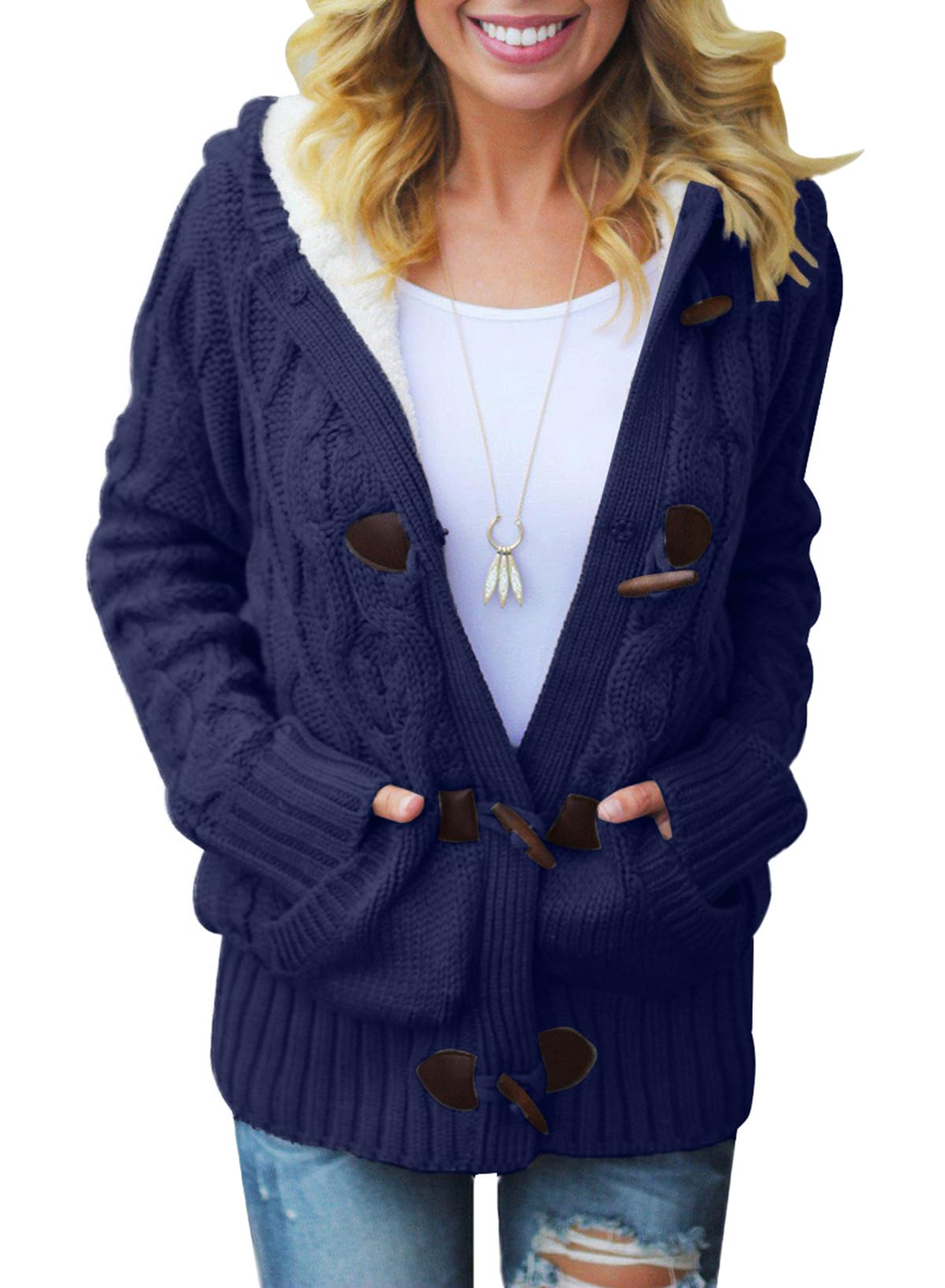 Dokotoo Women's Winter Hooded Cardigan Sweater - Button Up Cable Knit Coat Jacket with Pockets | Warm Outerwear for Casual Wear, Office & Outdoor Activities