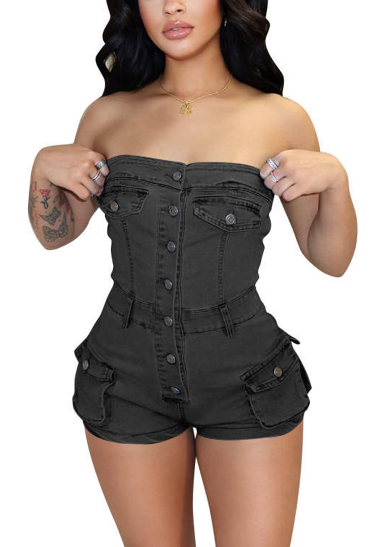 Sexy Women's Denim Romper - Strapless Backless Bodycon Jumpsuit with Cargo Pockets | Stretchy Summer Clubwear for Night Out, Beach Party & Casual Wear