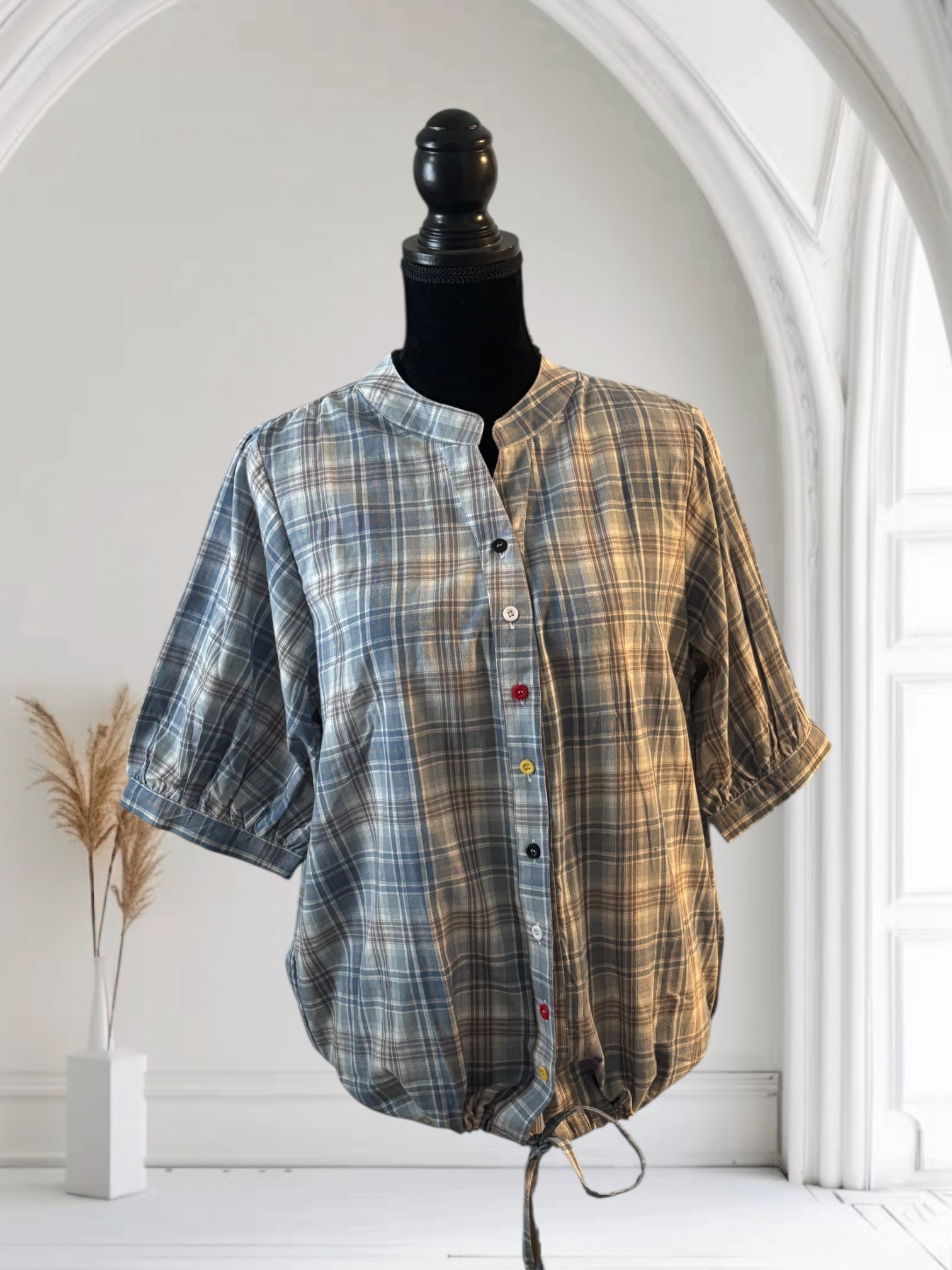 Women's Plaid Short Sleeve Cotton Shirt - Summer Casual Half Sleeve Drawstring Top for Outdoor Activities, Beach Wear & Everyday Fashion