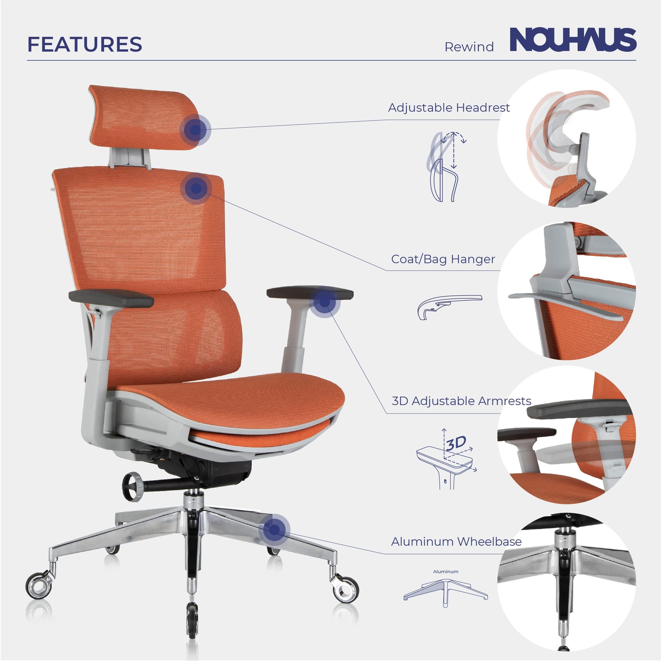 Nouhaus Rewind Ergonomic Office Chair with Adjustable Footrest & Lumbar Support - Mesh High Back Rolling Task Chair for Home Office - Orange - Perfect for Long Work Hours & Gaming Sessions