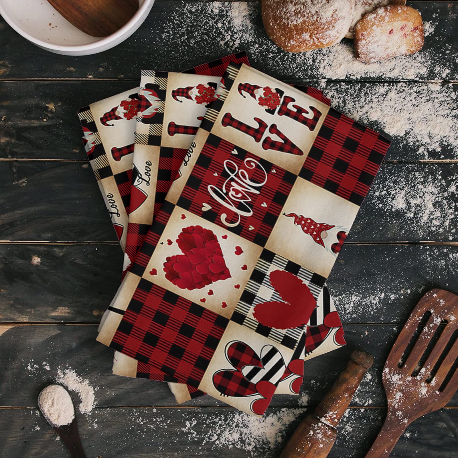 Premium Microfiber Kitchen Towels Set of 3 - Absorbent Dish Towels, Tea Towels & Bar Towels (18x28 Inch) - Valentine's Day Truck Gnome Love Heart Red Black Buffalo Plaid Design - Perfect for Kitchen Cleaning, Drying Dishes & Holiday Decor