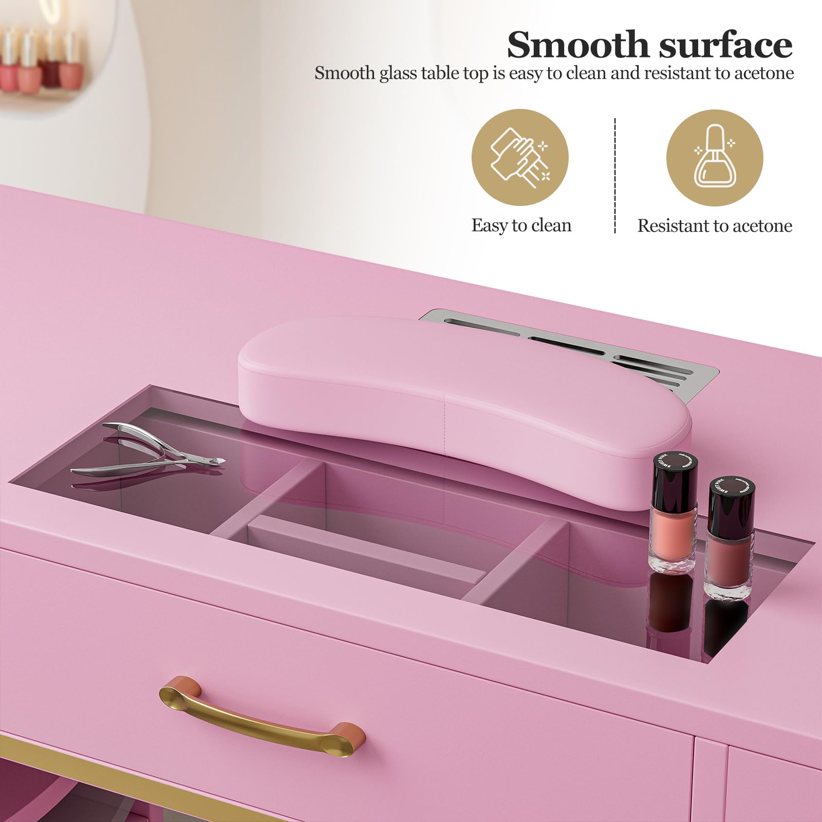 Premium Nail Salon Table with Electric Downdraft Ventilation - Paddie Glass Top Manicure Station with 3-Tier Open Shelves, Golden Handles & Drawers, Arm Rest - Perfect for Professional Nail Technicians & Home Beauty Salons (Pink)