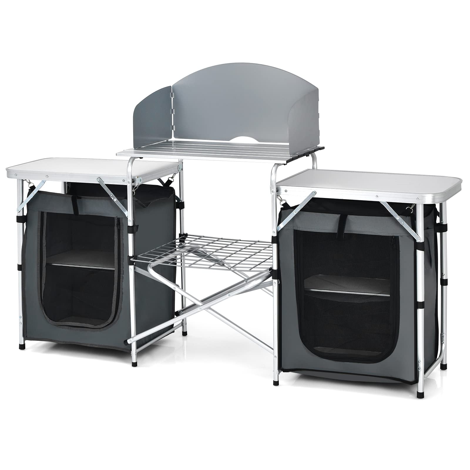 Tangkula 2-Tier Aluminum Folding Camping Table with Windscreen - Portable Outdoor Cooking Station with Storage Shelves & Carry Bag - Perfect for Camping, Picnics, BBQs, Beach Parties & Tailgating