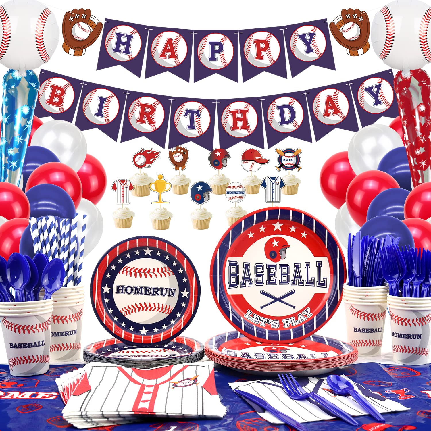 Baseball Party Decorations Set - Happy Birthday Banner, Balloons, Plates, Tablecloth, Cups, Cutlery & Napkins for 20 Guests - Perfect for Sports Themed Birthday Parties, Baby Showers & Game Day Celebrations