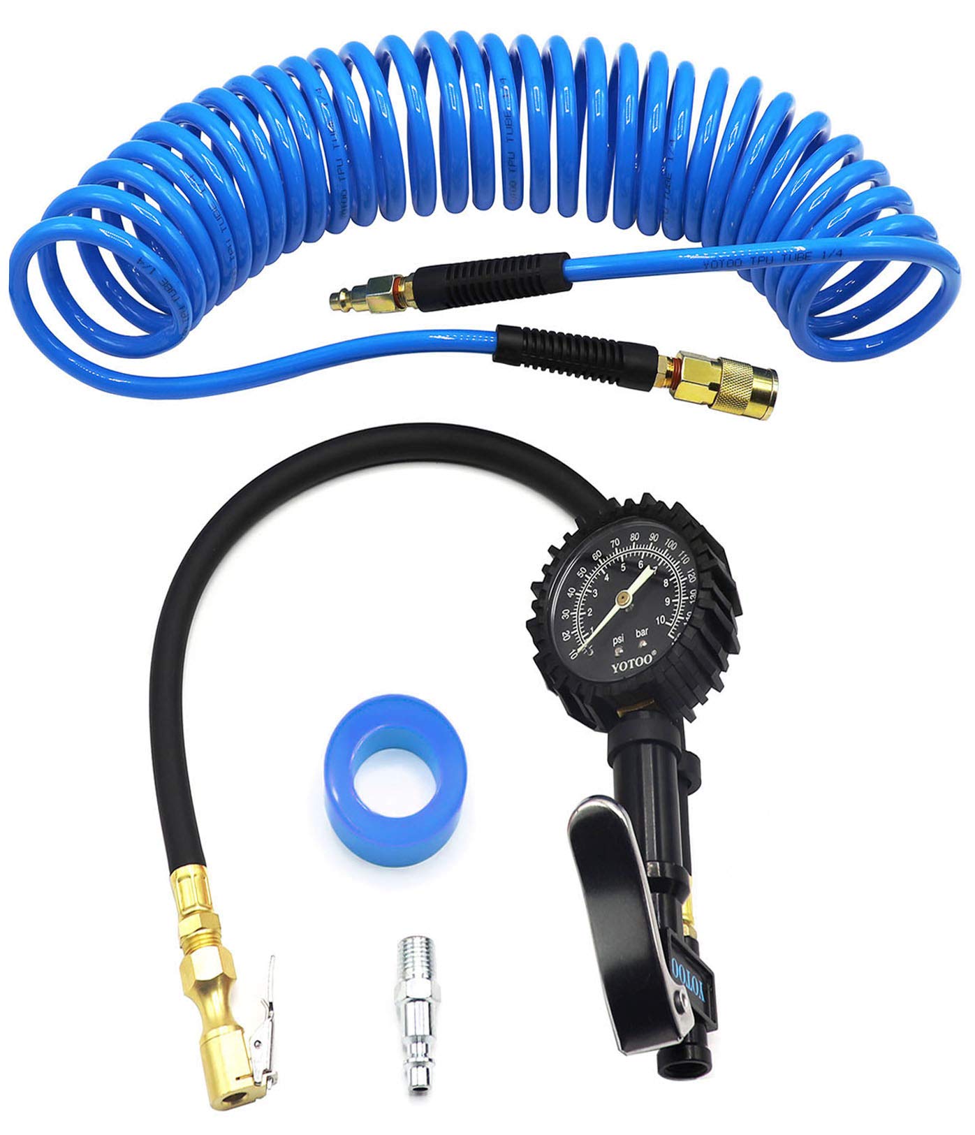 YOTOO Recoil Air Hose Kit with Tire Inflator Gauge - 1/4