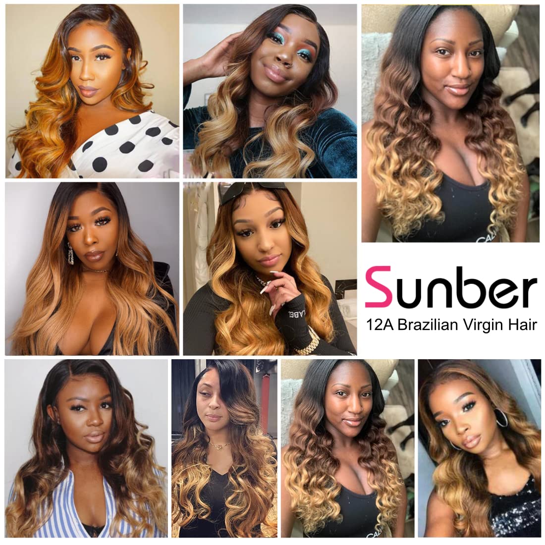 Sunber 12A Grade Ombre Body Wave 3 Bundles Brazilian Virgin Human Hair Extensions - 3 Tone Mixed 1B/4/27 Color (20 22 24 Inch) for Stunning Blended Highlights | Perfect for Salon Styling, Weddings & Everyday Glam