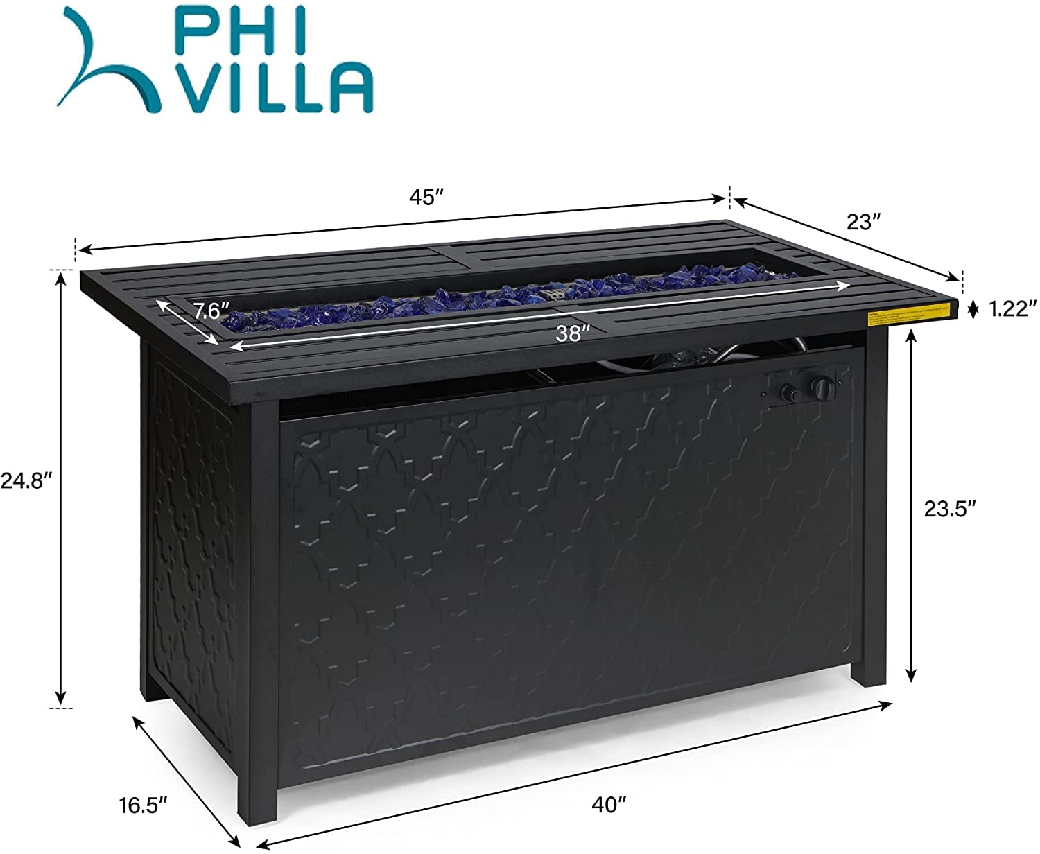 PHI VILLA 45-Inch Large Rectangular Outdoor Propane Fire Pit Table - 50,000 BTU Patio Heater with Lid & Blue Fire Glass - Perfect for Backyard, Deck, Garden Gatherings (Black)