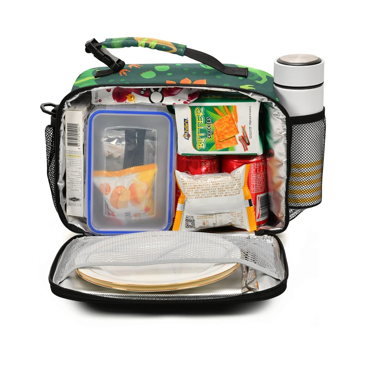 OREZI Green Dinosaur Reusable Lunch Bags for Kids - Cute Insulated Lunch Tote for Boys & Girls, School Lunch Box, Work & Picnic Container - Perfect for School, Office, Camping and Outdoor Activities