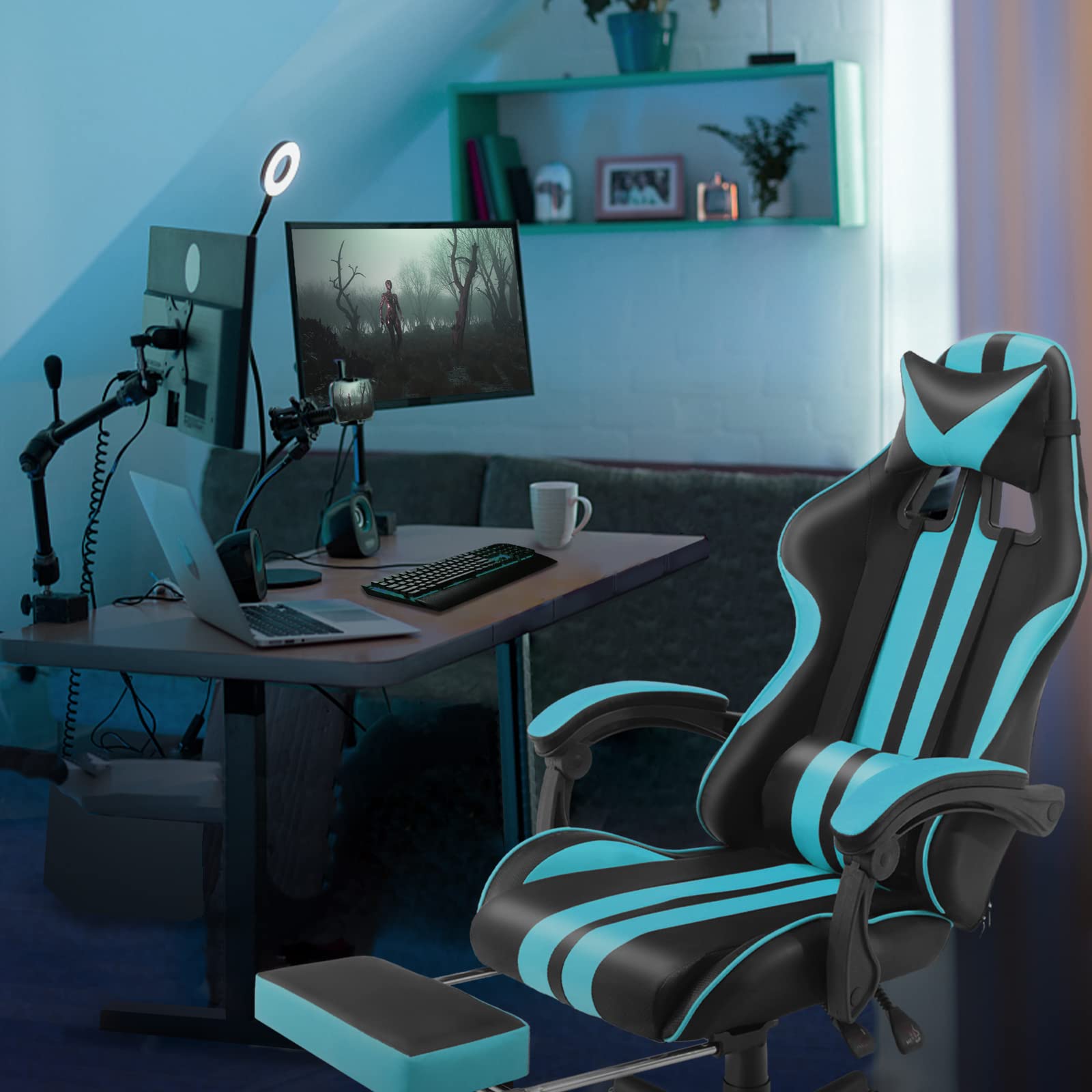 Premium Miami Blue Ergonomic Gaming Chair for Adults & Teens - High Back PC Gaming Chair with Lumbar Support - Perfect for Esports, Streaming & Office Work