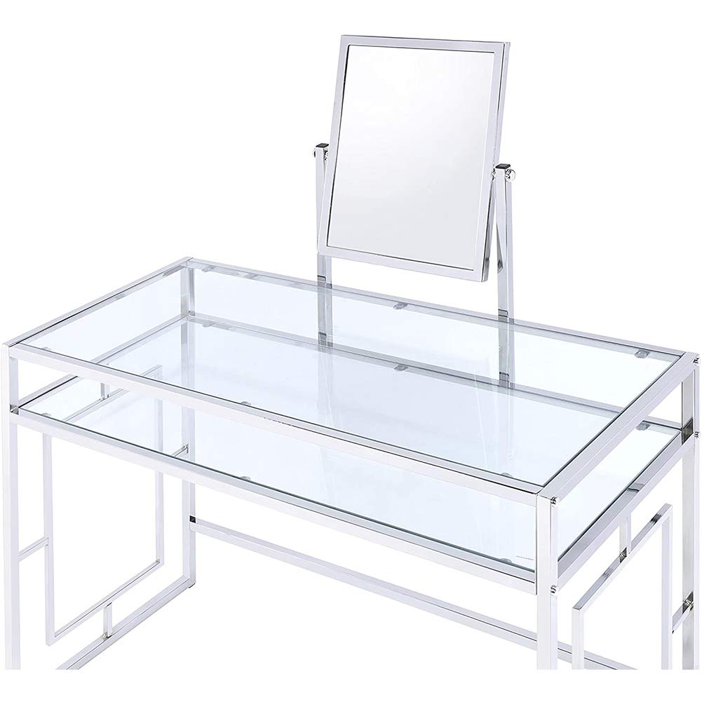 Elegant Glass Makeup Vanity Table Set with Mirror & White Faux Fur Stool - Chrome Dressing Table with Storage Shelf & Makeup Organizer - Perfect for Bedroom, Dressing Room & Beauty Salon Decor