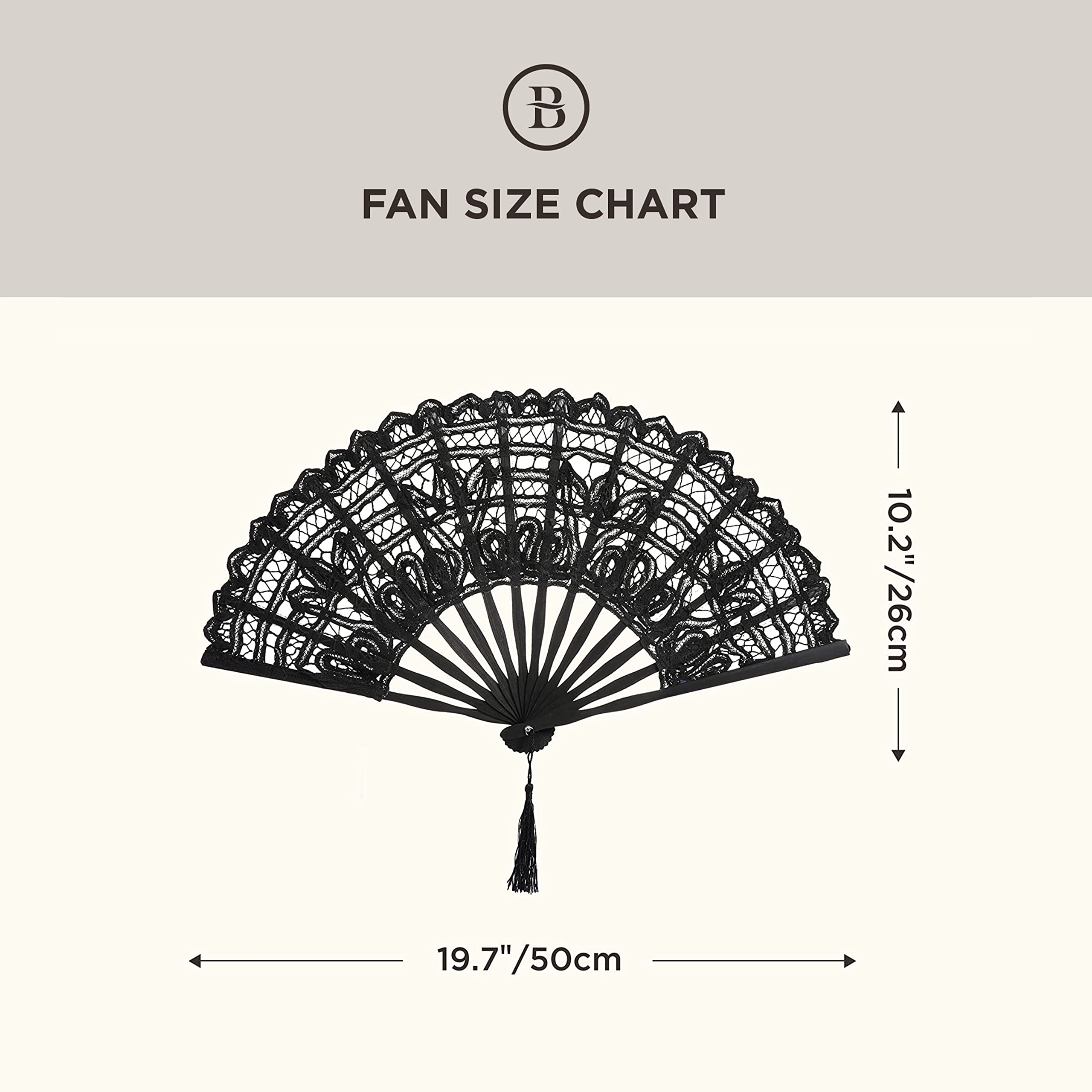 BABEYOND Cotton Lace Folding Hand Fan - Elegant Embroidered Wedding Hand Fan with Bamboo Staves | Perfect for Bridal Accessories, Wedding Decorations & Dance Parties (Black)