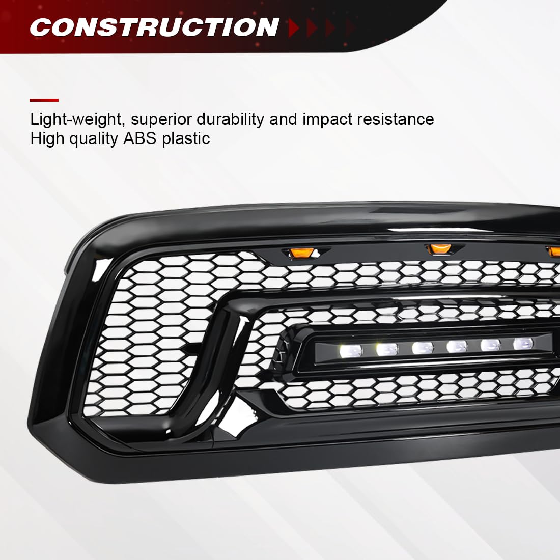 Glossy Black Front Bumper Grill Compatible with 2013-2023 Dodge Ram 1500 & Ram 1500 Classic | Off-Road Ready LED Light Bar | Perfect for Truck Upgrades & Off-Road Adventures
