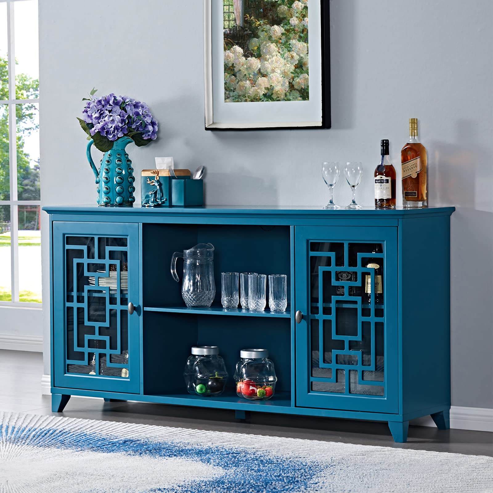 GNIXUU 60 Inch Buffet Table Cabinet with Storage - Sideboard with 2 Glass Doors & Adjustable Shelves for Kitchen, Living Room, Entryway - Modern Home Furniture (Blue) | Perfect for Dining Room Storage, Displaying China & Home Organization