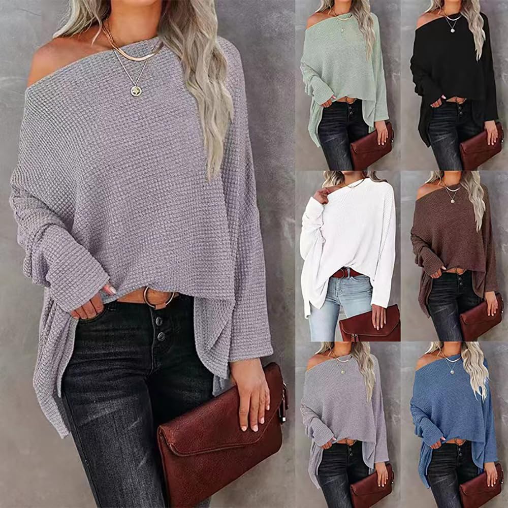 Lightweight Hollow Out Batwing Sleeve Waffle Knit Pullover - Women's Off Shoulder Sweater Long Sleeve Shirt | Casual Fall Layering & Boho Chic Outfits