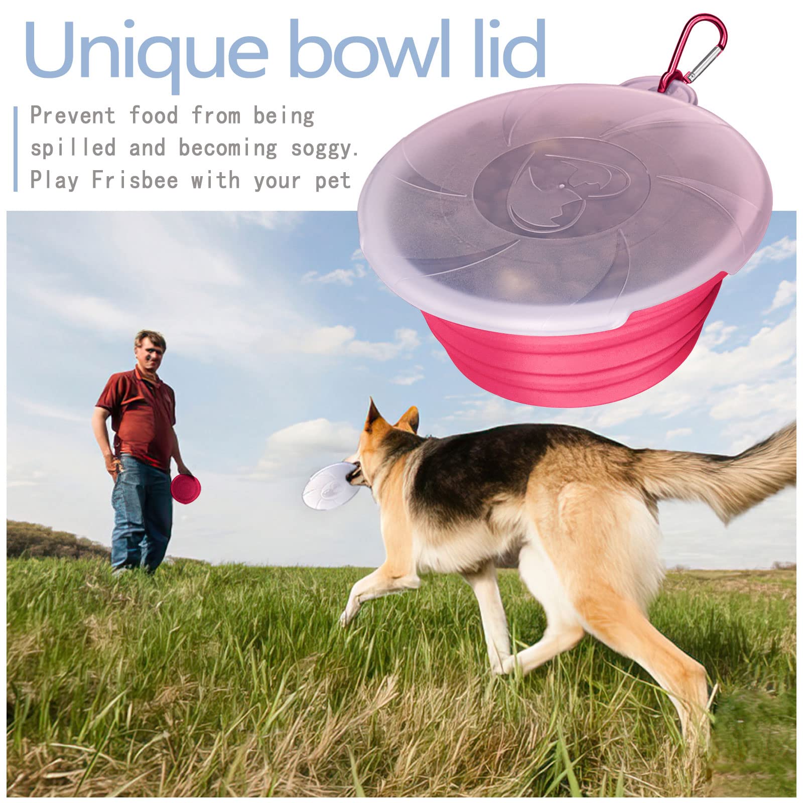 Collapsible Dog Bowl for Travel - Portable Silicone Pet Food & Water Dish with Lid & Carabiner for Dogs & Cats, 15oz/450ml Foldable Doggy Bowl - Perfect for Hiking, Camping, Outdoor Adventures (Pink)