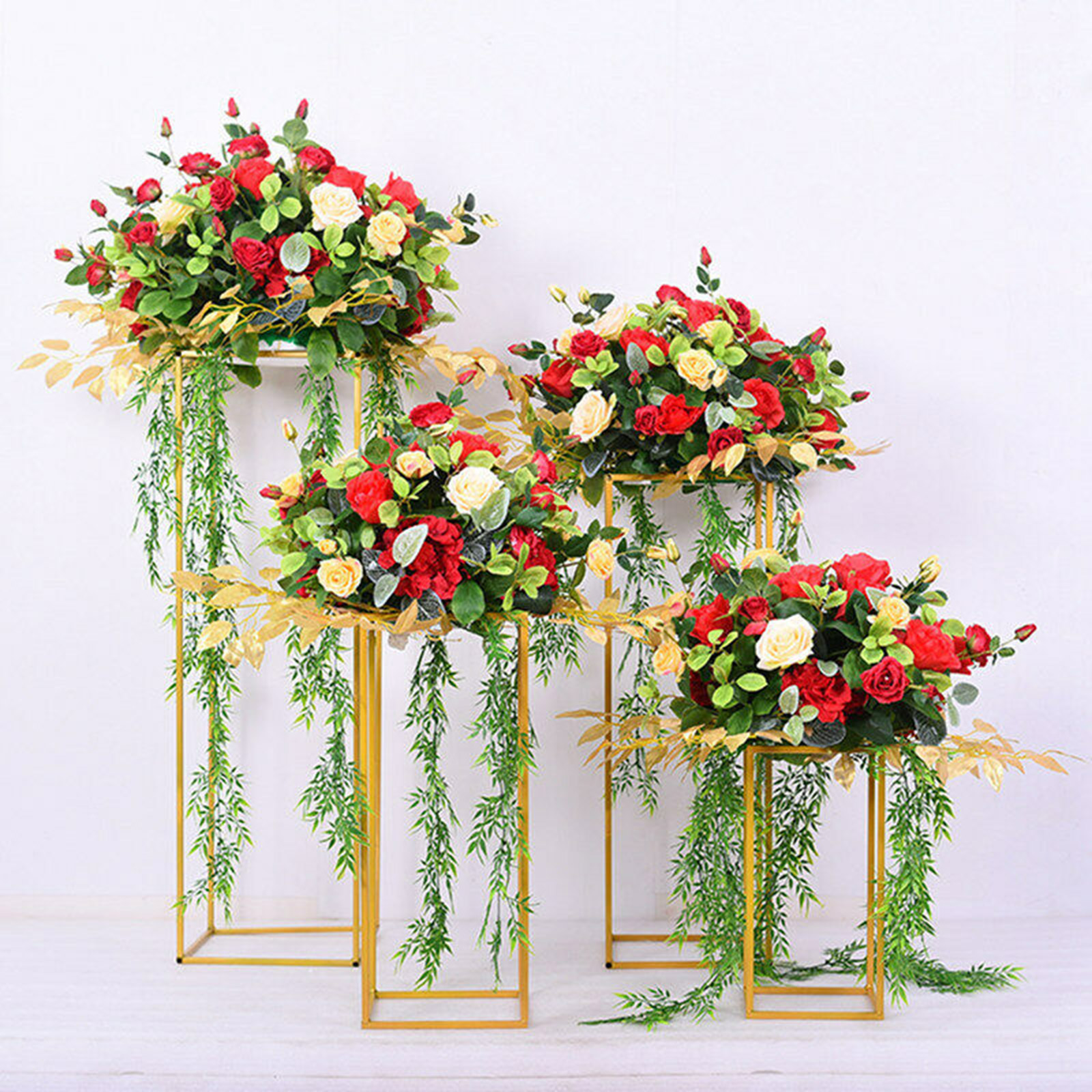 4pcs Gold Geometric Metal Flower Floor Vases - 15.7/23.6/31.5/39.4 Inch Tall Rectangular Flower Stands for Wedding Centerpieces, Home Decor & Party Decorations - Perfect for Living Room, Entryway, Garden or Event Display