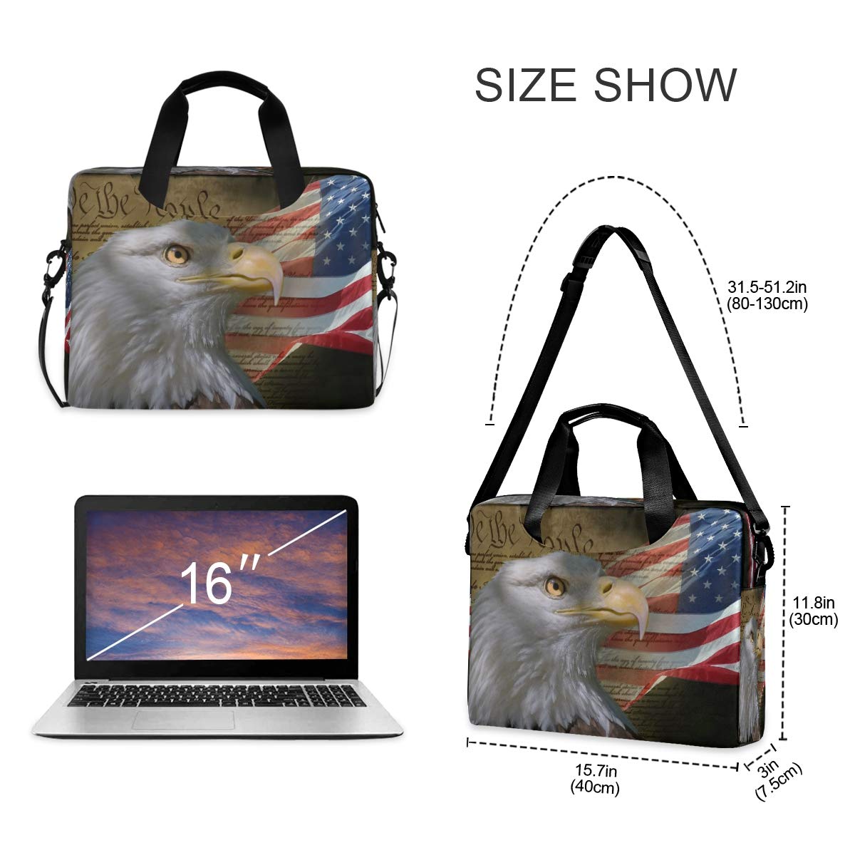 Patriotic USA Flag & Eagle Laptop Bag - Durable 13-15.6 Inch Laptop Sleeve Case with Shoulder Strap for Work, Travel & Business | American Flag Design Computer Briefcase for Men & Women