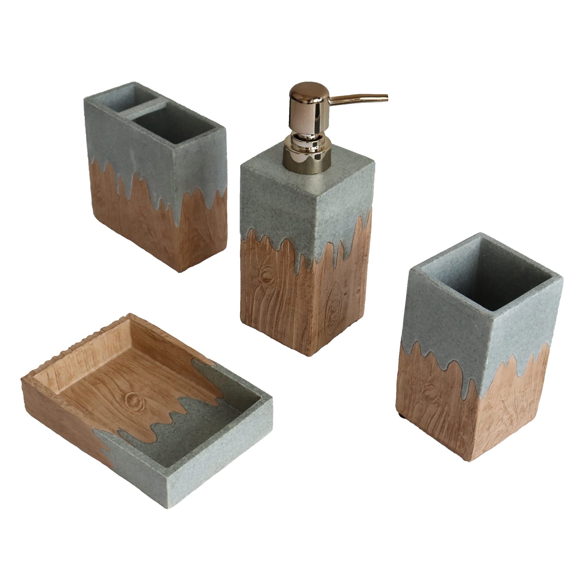 Hymmah Wooden Bathroom Accessories Set - 4 Piece Farmhouse Decor with Toothbrush Holder, Soap Dispenser, Soap Dish & Tumbler | Rustic Apartment Essentials for Modern Bathroom Organization