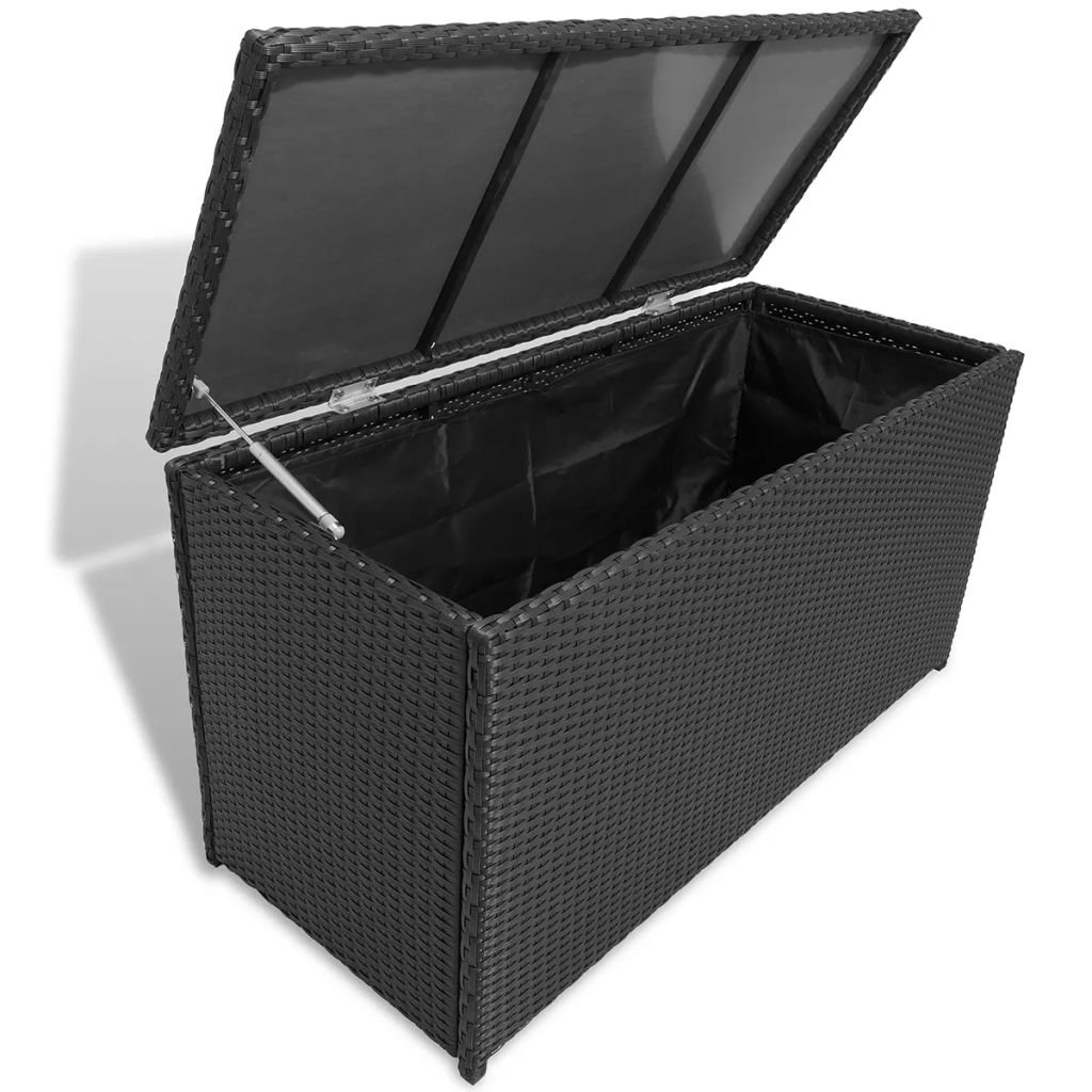 vidaXL Water Resistant Outdoor Deck Box - 120x50x60cm Poly Rattan Storage Container with Gas Lift Lid | Weatherproof Garden Tool Organizer for Patio Furniture, Pool Toys & Backyard Accessories (Black)