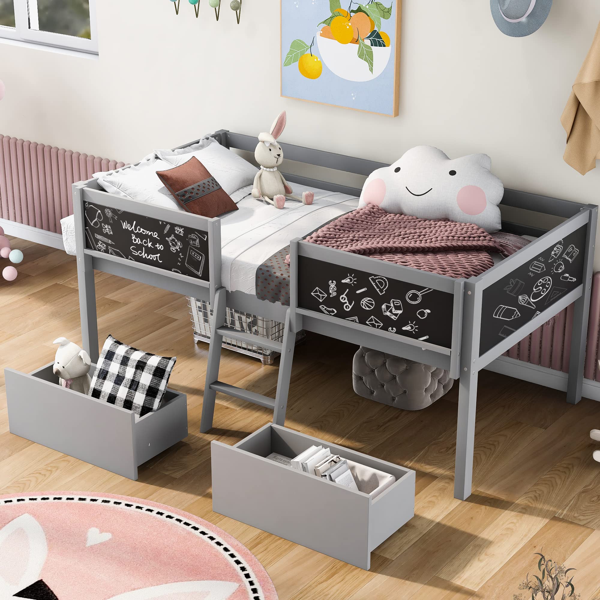 **Kids Twin Loft Bed with 2 Drawers & Ladder - Wood Low Loft Bed with Chalkboard Guardrail for Toddlers & Children (Gray) - Perfect for Small Bedrooms & Playrooms**