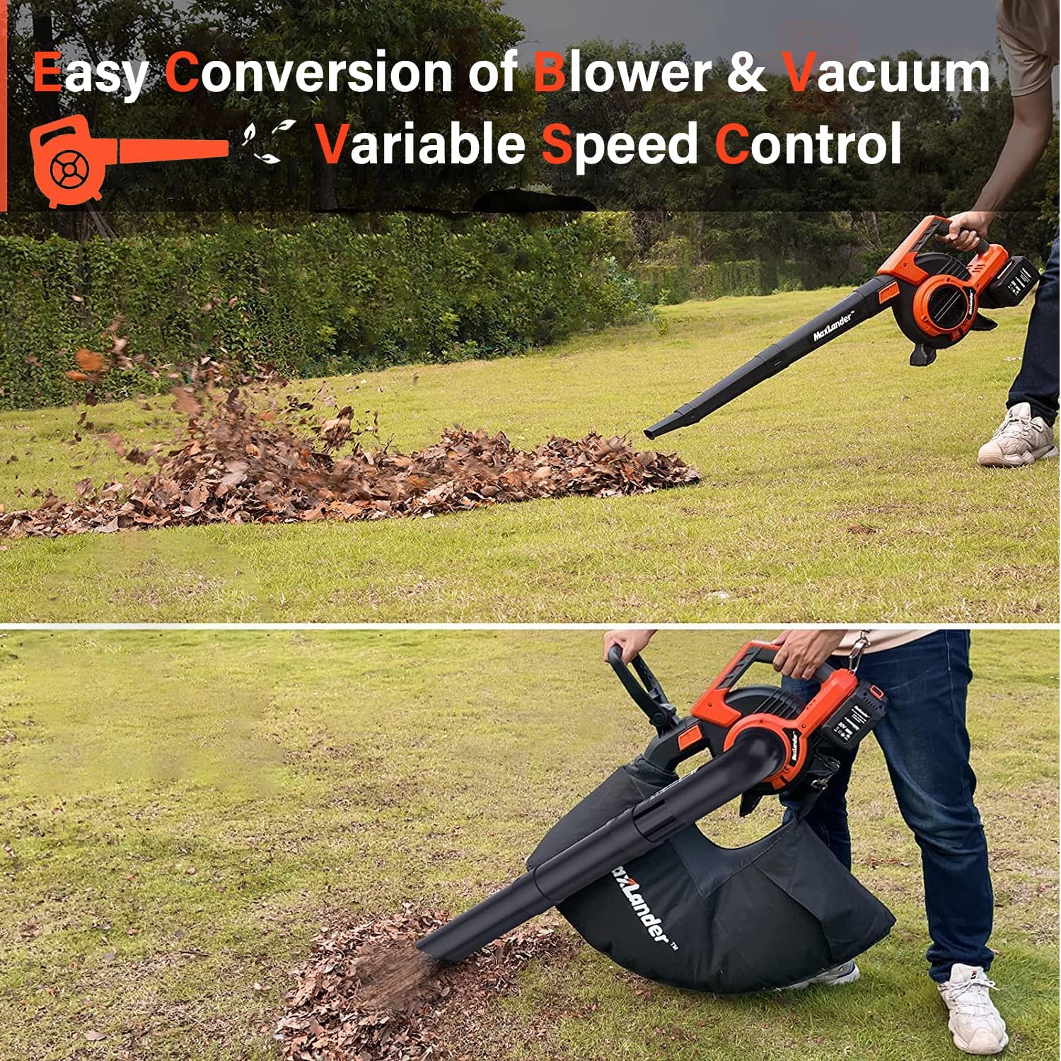 MAXLANDER 40V Cordless Leaf Blower & Vacuum Mulcher - 3-in-1 Brushless Battery Powered Yard Tool with 170MPH 360CFM Airflow, 5 Speed Settings, 2x4.0Ah Batteries & Charger Included - Perfect for Lawn Care, Leaf Cleanup, and Garden Maintenance