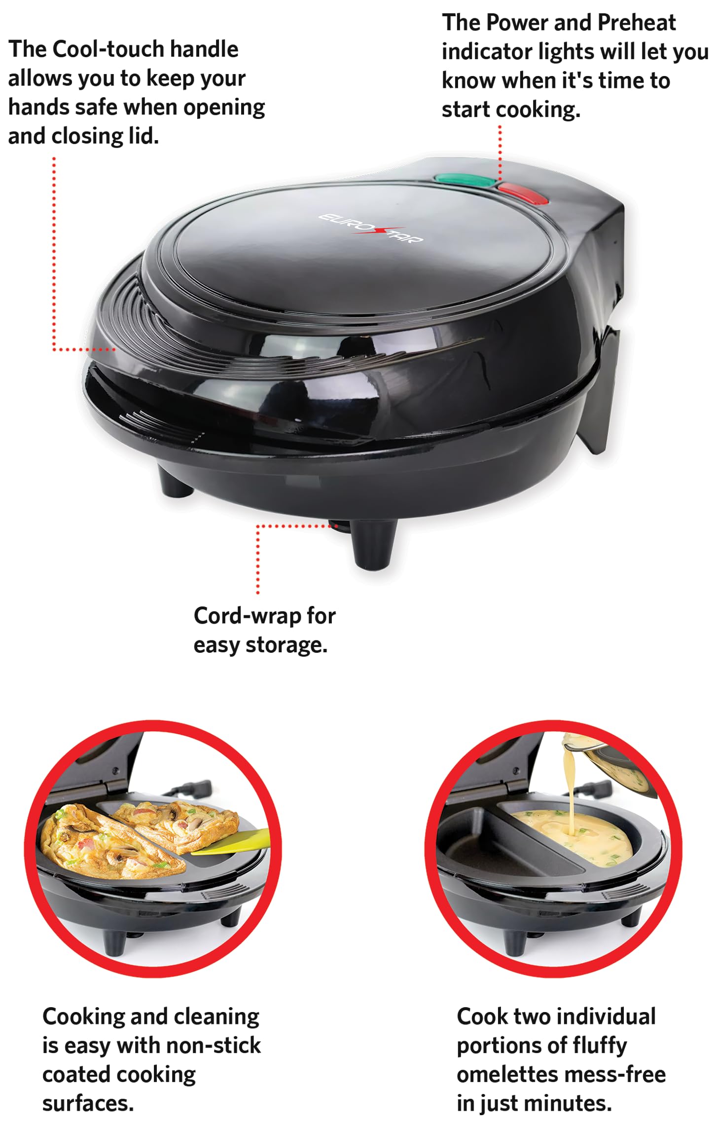 Non-Stick Electric Omelette Maker - Fast & Easy Breakfast Omelet Cooker with Lid - Perfect for Home, Office & Dorm Use (Black)