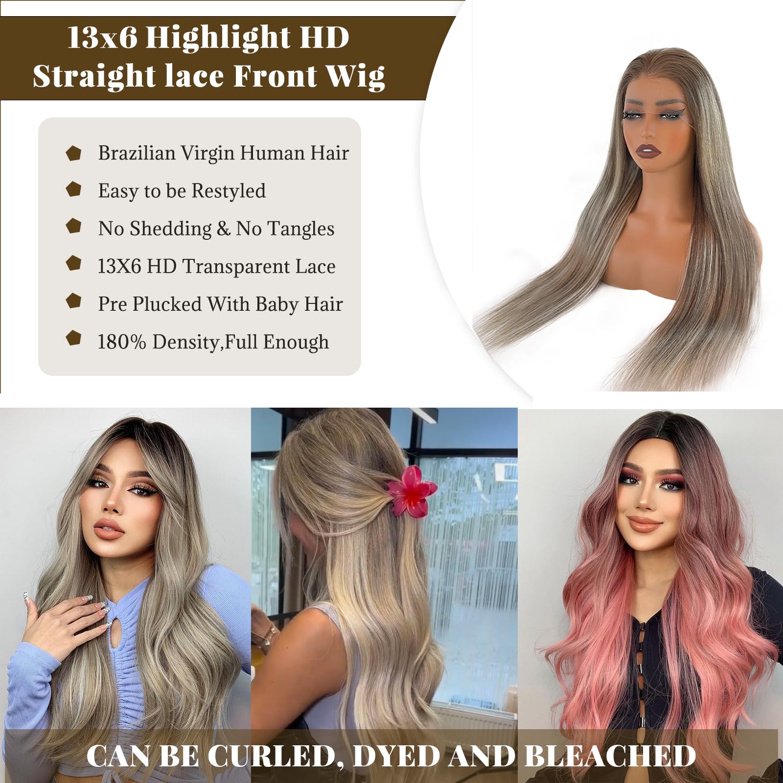 20 Inch Ombre Ash Brown to 613 Blonde Human Hair Wigs with Dark Brown Roots - 13x6 HD Straight Lace Front Wig, Pre Plucked, Glueless, 180% Density - Natural Looking Wigs for Women | Perfect for Daily Wear, Cosplay, Parties & Special Occasions