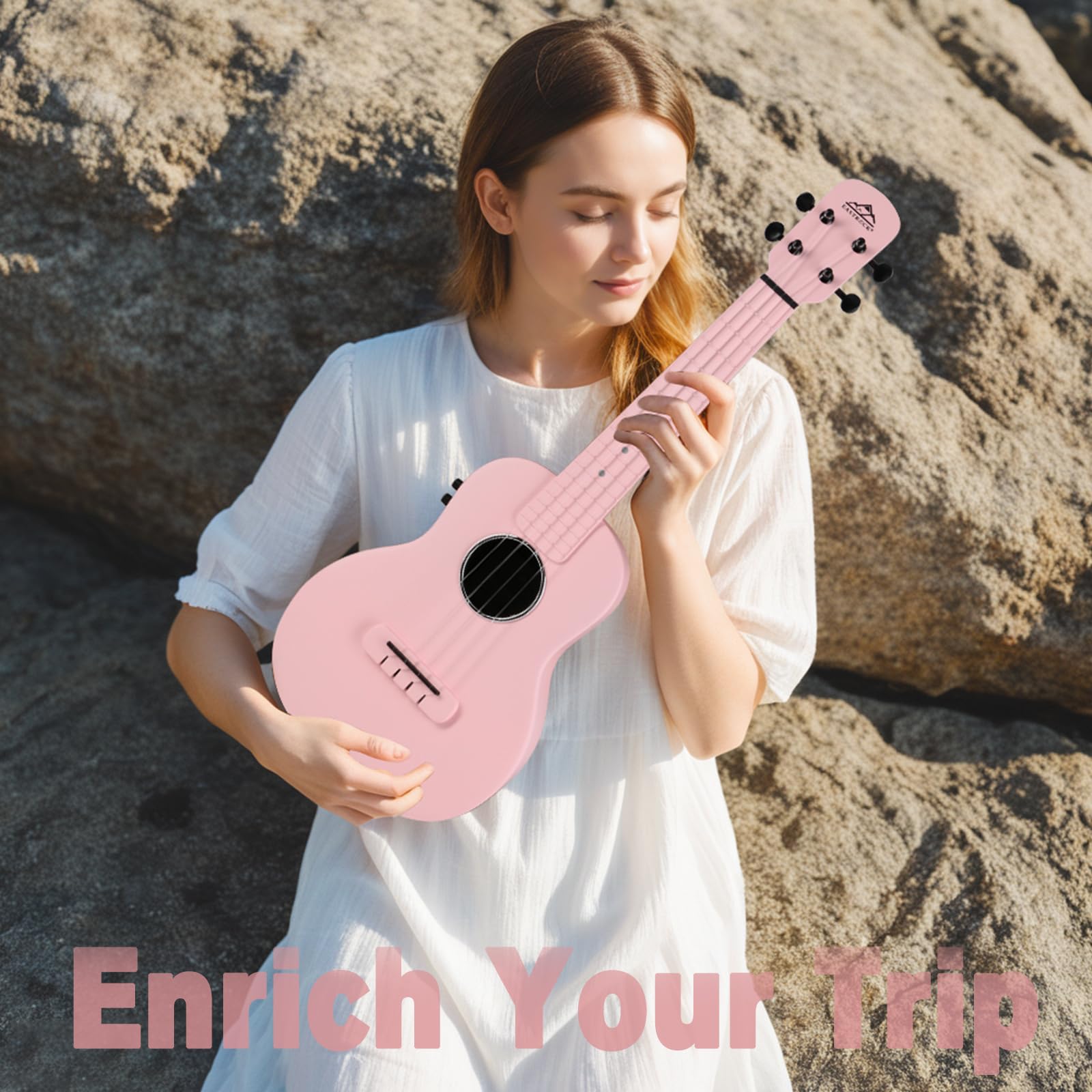 EASTROCK 23 Inch Carbon Fiber Electric Concert Ukulele Kit - Professional Ukelele for Kids, Students & Adults with Case, Strap, Capo & Strings (Pink) | Perfect for Beginners, Live Performances & Music Practice