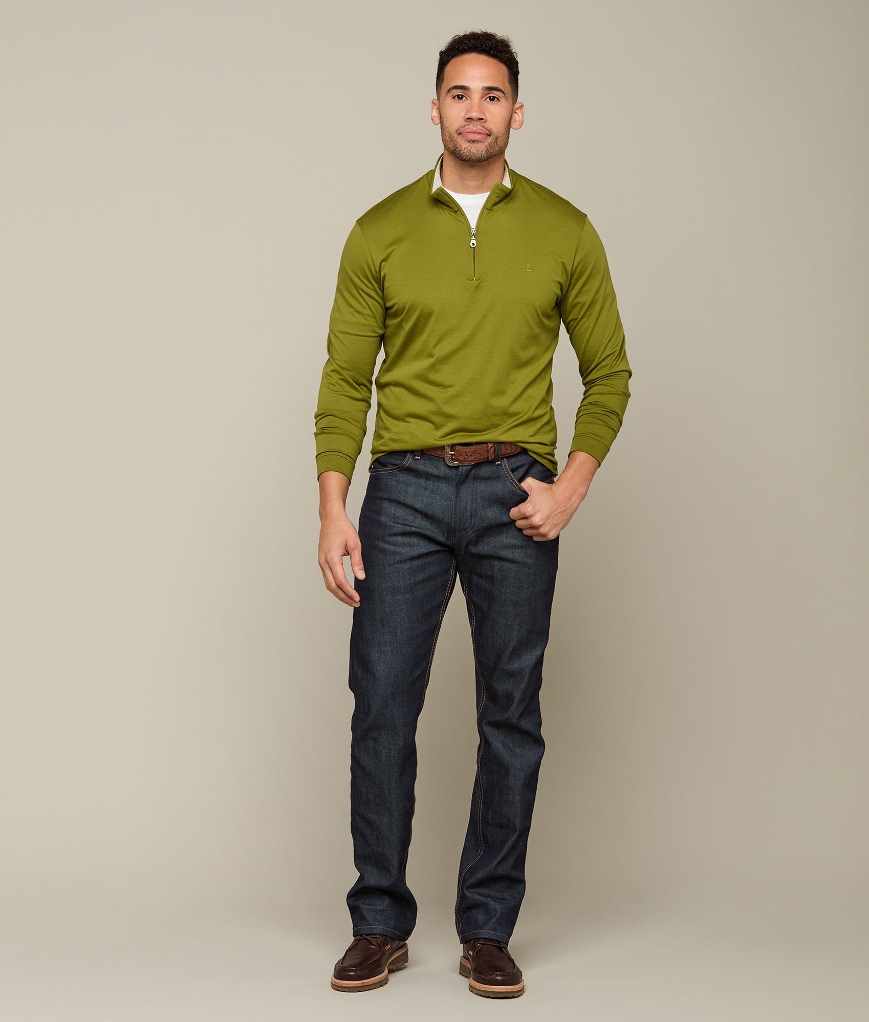 Lucchese Men's Pima Cotton Quarter Zip Pullover Sweater - Olive Green | Soft & Breathable Casual Wear for Fall & Winter | Perfect for Outdoor Activities & Office