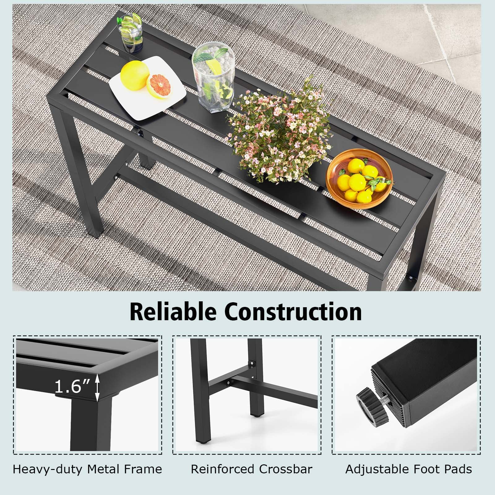 COSTWAY 48-inch Outdoor Bar Table - Narrow Counter Height Dining Table with Waterproof Top & Heavy-Duty Metal Frame - Black Rectangular Pub Table for Hot Tub, Garden, Patio, Backyard & Poolside - Perfect for Outdoor Entertaining & Relaxation
