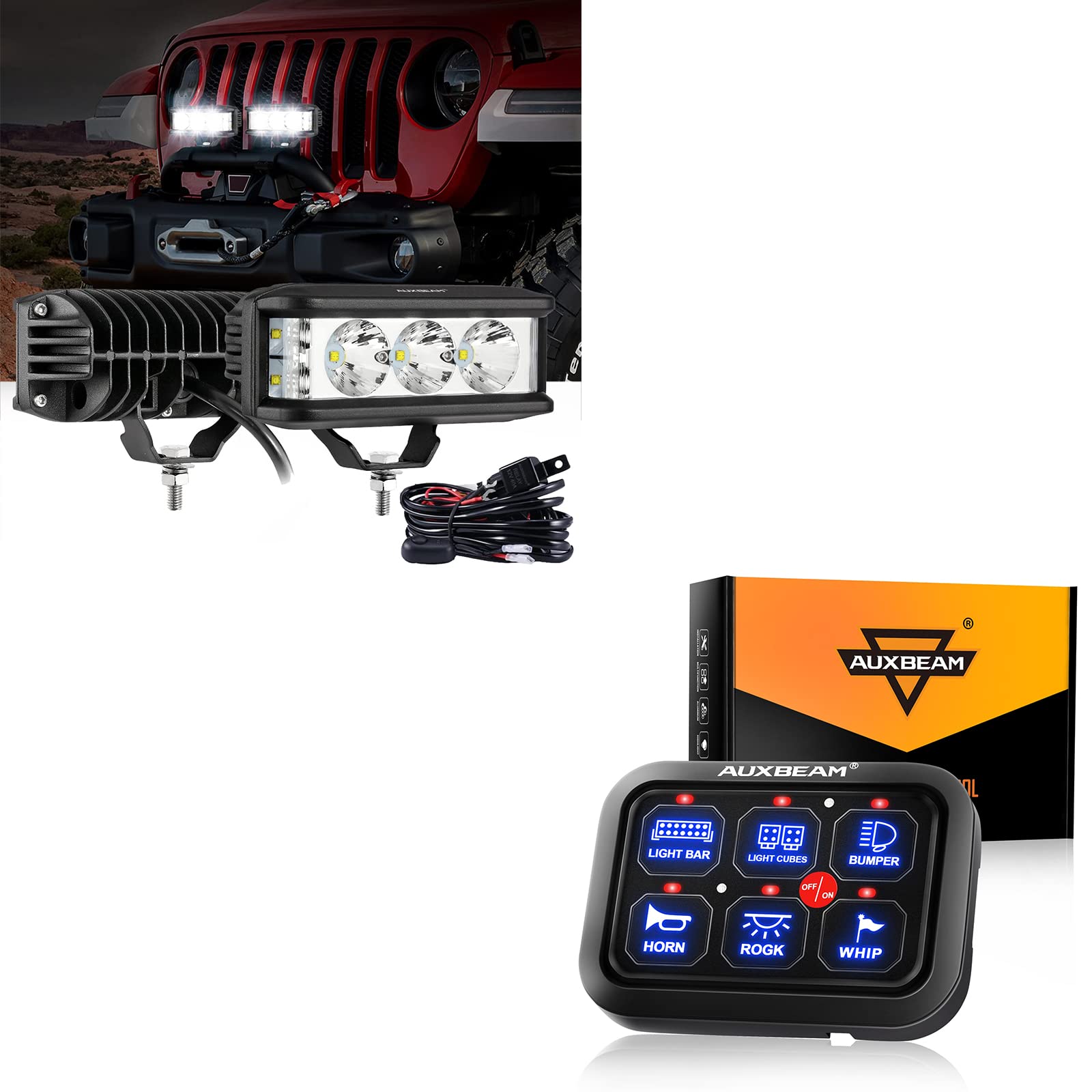 Auxbeam 6 Gang Switch Panel (Blue) + 5in 68W Offroad LED Light Bar - 6800LM White Spot Flood Combo Beam for Jeep, Truck, ATV & UTV Off-Road Driving Lights | Perfect for Night Trail Riding, Camping & Outdoor Adventures