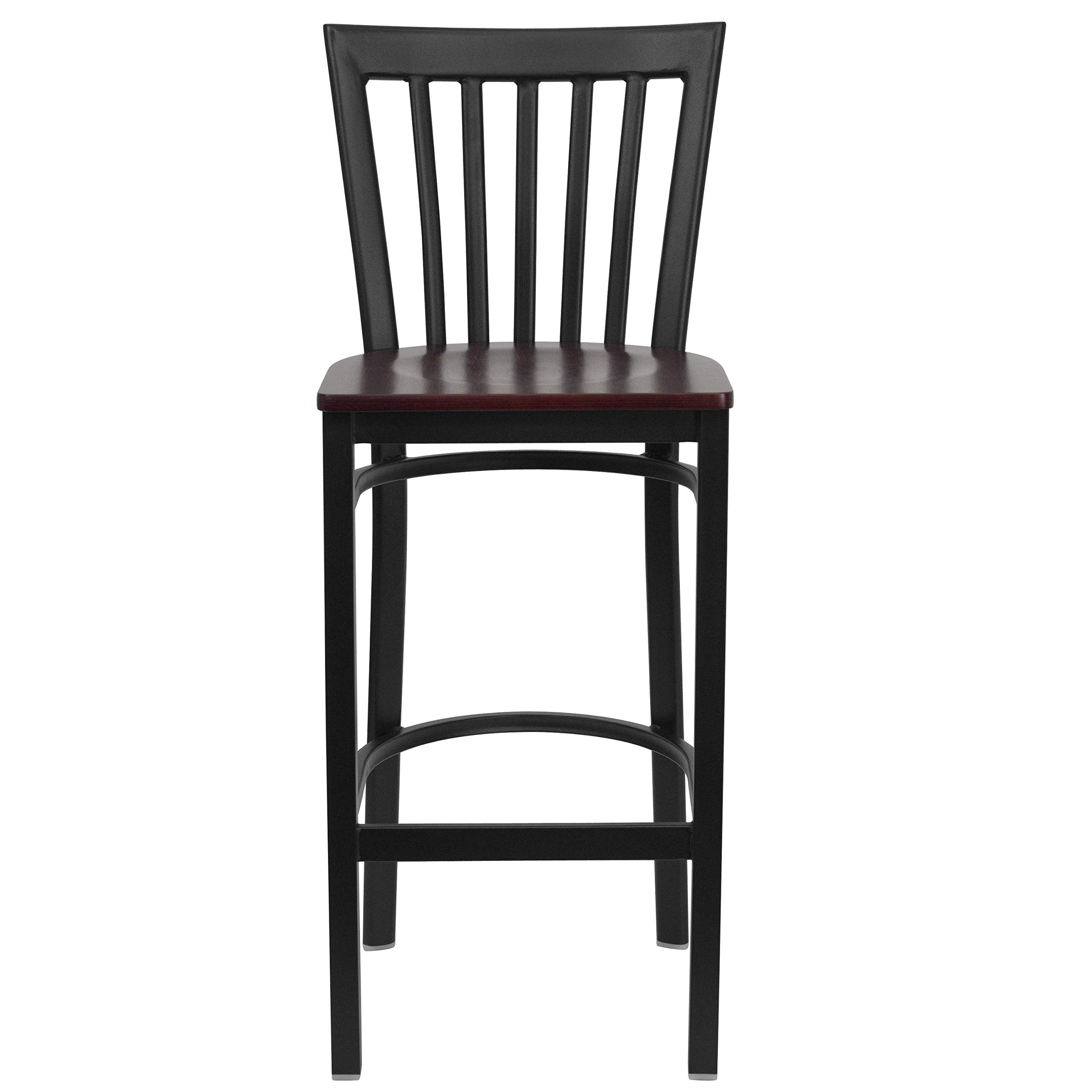 2 Pack Black Metal Bar Stools with Mahogany Wood Seat - Vintage Schoolhouse Style for Restaurant, Cafe & Home Bar Counter - Perfect for Dining, Kitchen Island & Breakfast Nook