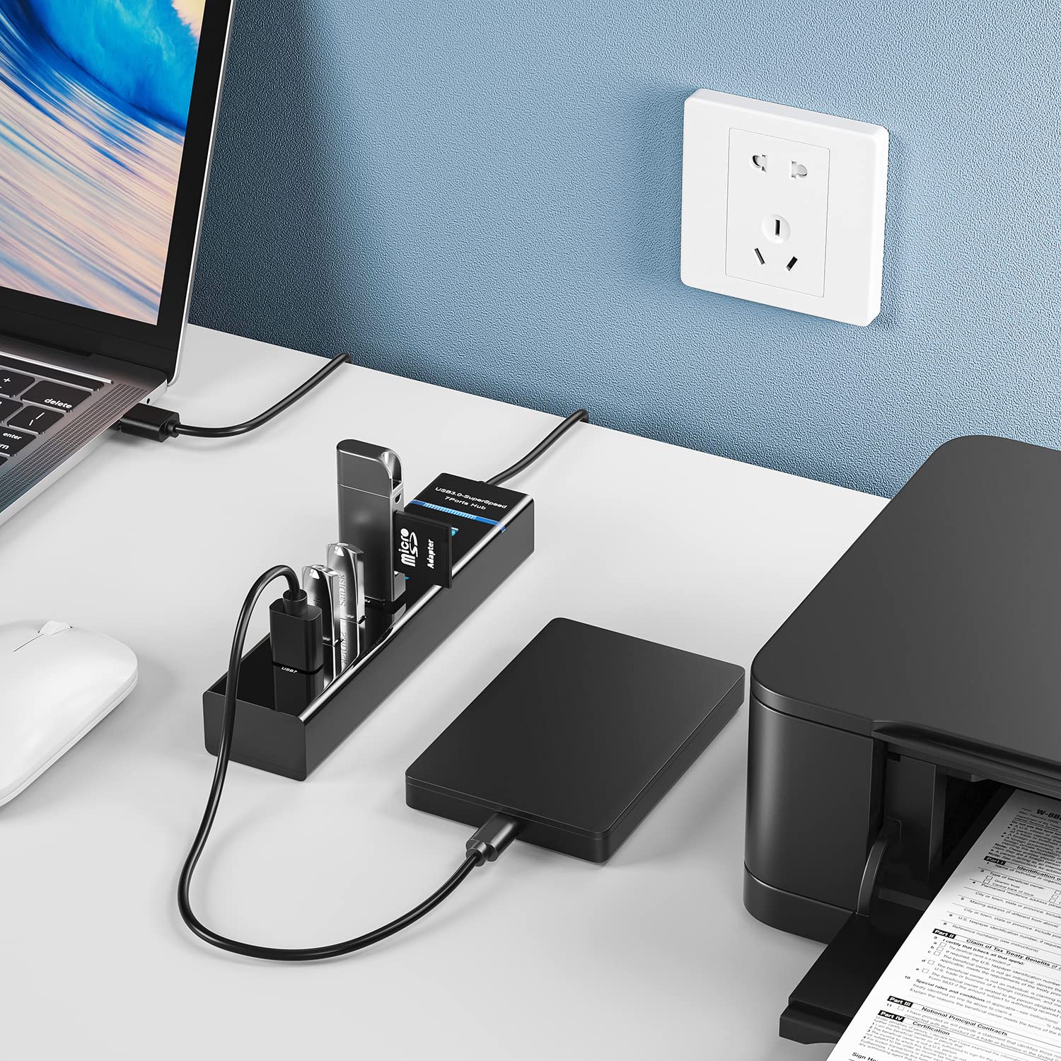 7-Port USB 3.0 Hub - 5Gbps High-Speed Splitter for MacBook, PC & Laptops - Works with Office & Gaming Setup