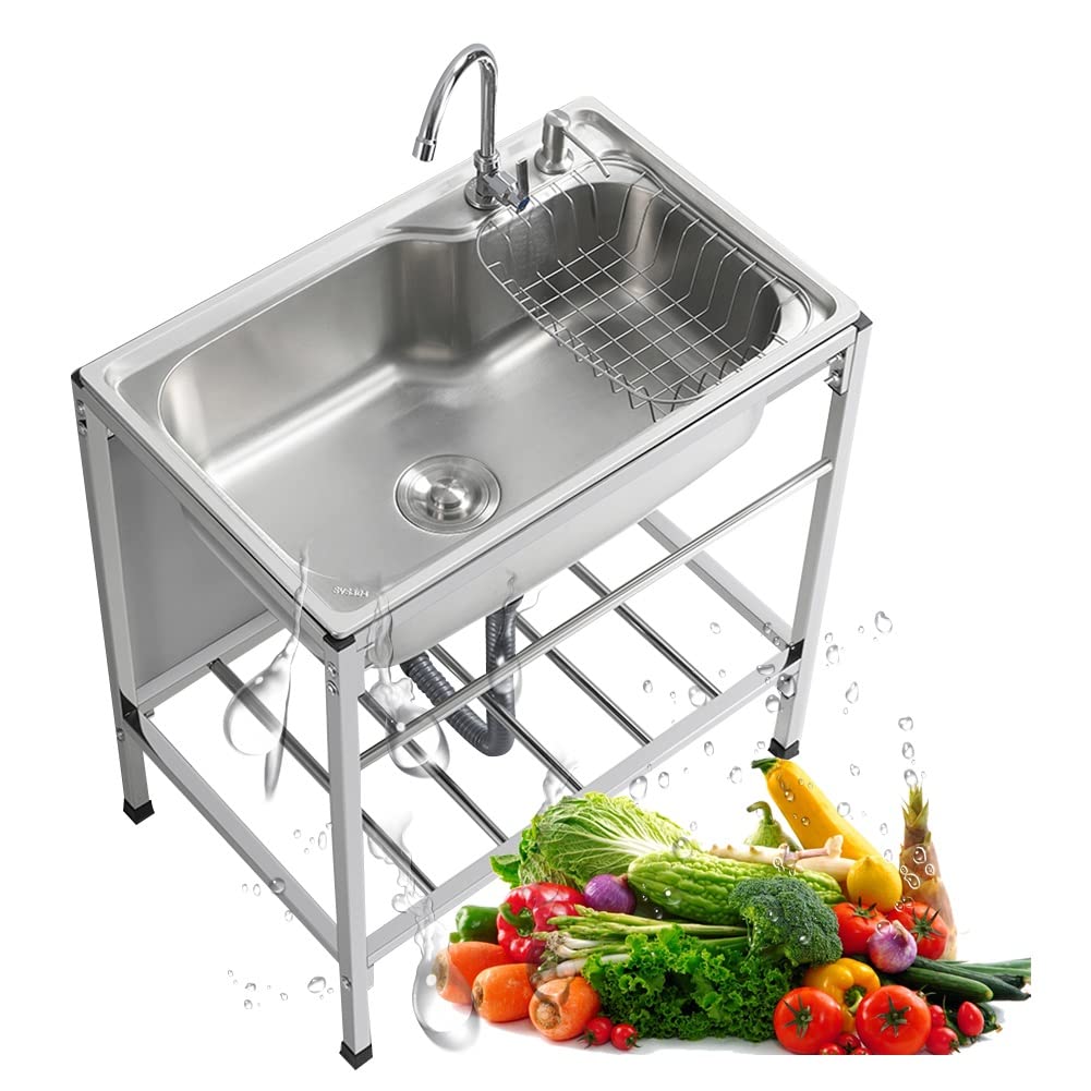 **304 Stainless Steel Kitchen Sink with Stand - Free Standing Sink with Worktable & Multifunctional Shelf for Vegetable Washing, Dish Cleaning | Perfect for Garage, Restaurant, Home Kitchen & Laundry**