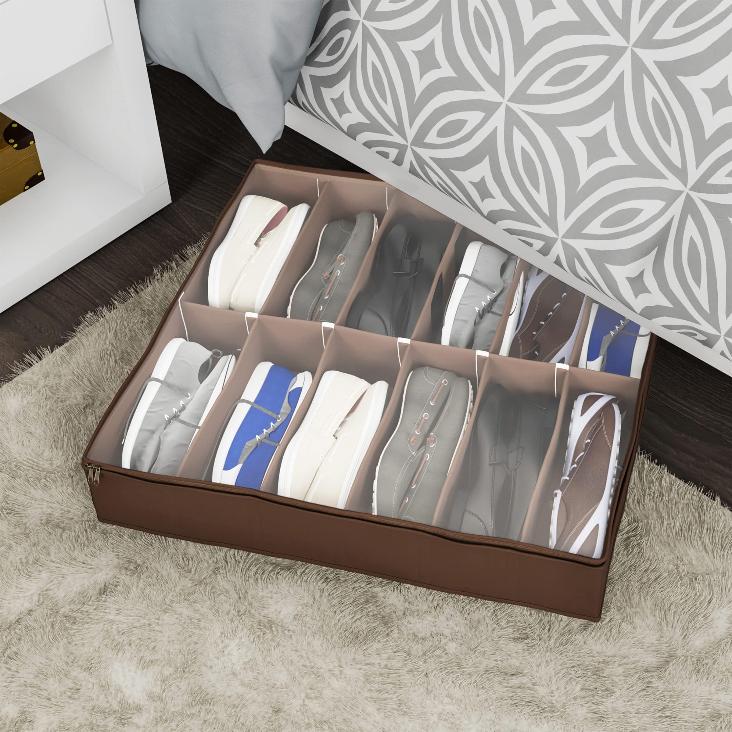 Under Bed Shoe Storage Organizer - Set of 4 Clear Zippered Shoe Boxes Holds 12 Pairs Each - Space Saving Closet & Bedroom Organization Solution by Everyday Home (Brown) - Perfect for Small Spaces, Dorm Rooms & Seasonal Shoe Storage