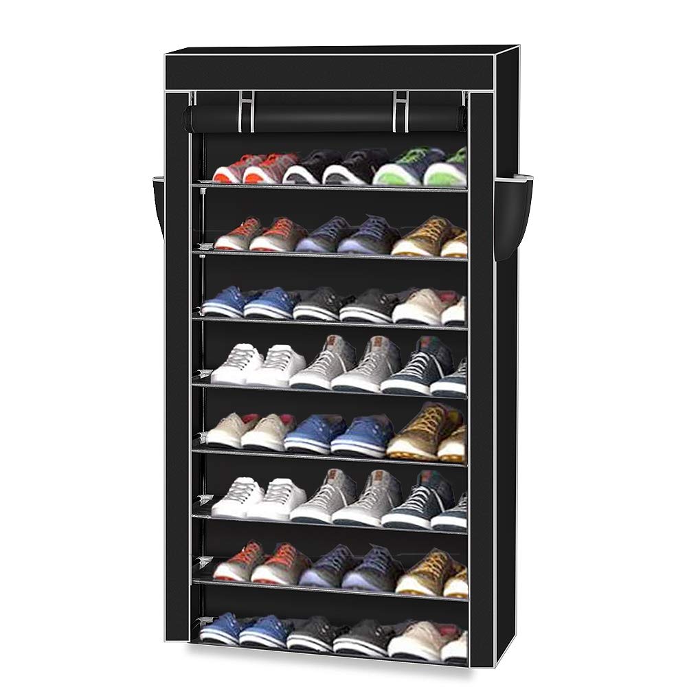 10-Tier Shoe Rack Organizer - Large Space-Saving Shoe Storage Cabinet with Dustproof Cover, Non-Woven Fabric Stackable Shelf with Pockets & Zipper - Perfect for Closet, Entryway, Bedroom (Black)