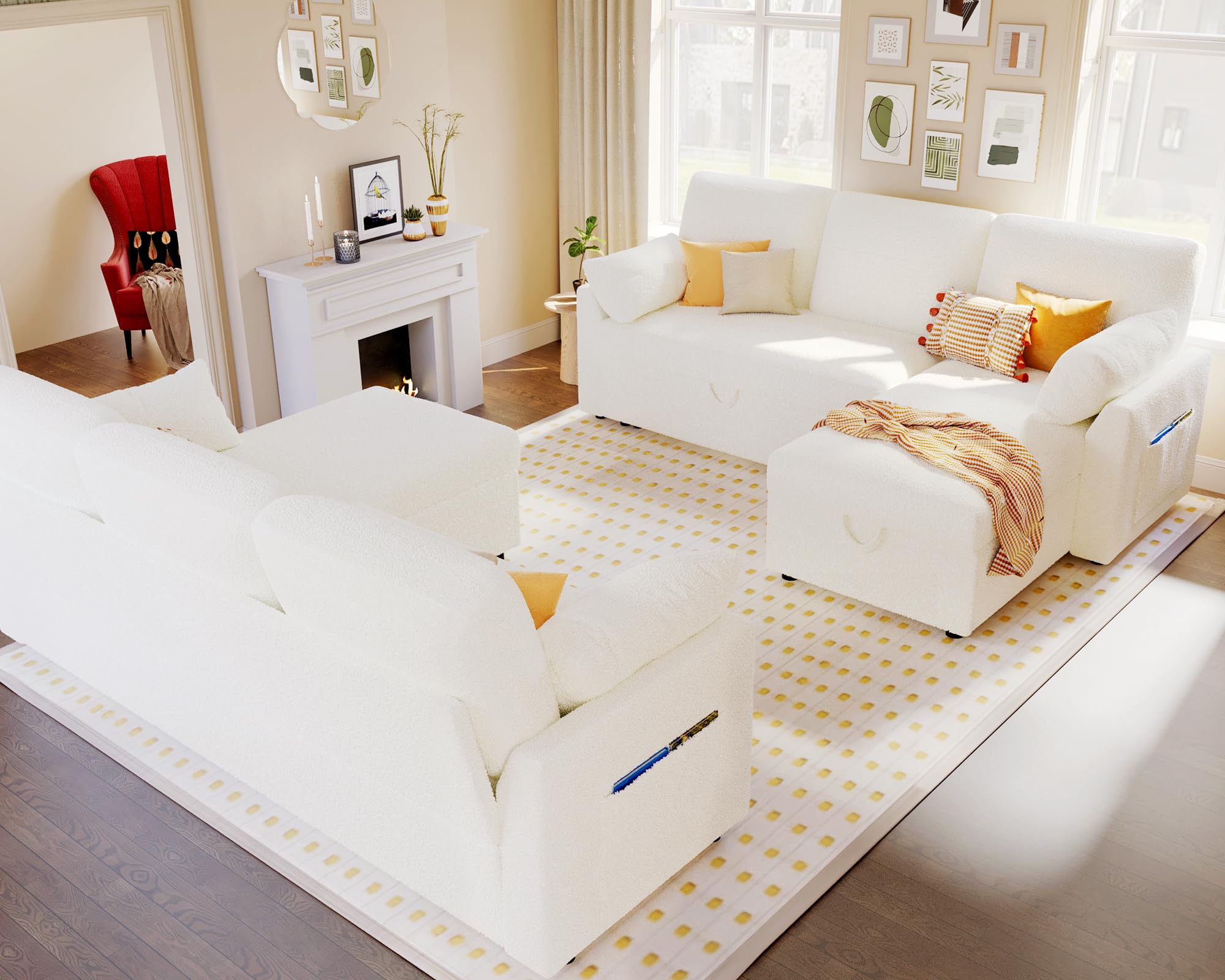 L-Shaped Sleeper Sofa with Storage Chaise - Convertible Pull-Out Couch Bed, Oversized Sectional for Living Room - Off-White Sherpa Fabric | Perfect for Small Spaces, Guest Rooms & Apartments