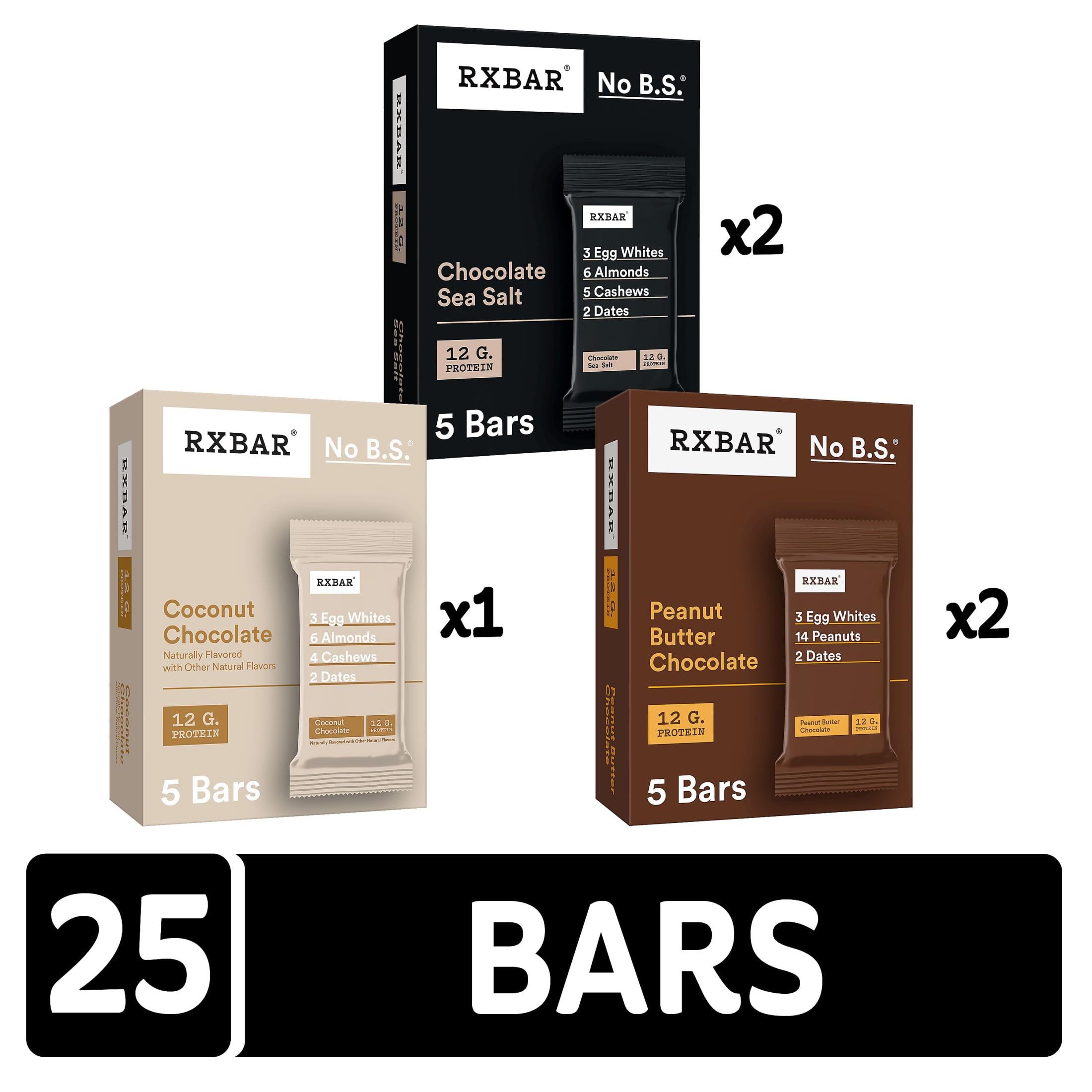 RXBAR Protein Bars - 12g Protein, Gluten Free, Dairy Free, No Added Sugar - Chocolate Lovers Variety Pack (5 Boxes, 25 Bars) - Perfect for Post-Workout Recovery, Healthy Snacking & On-the-Go Nutrition
