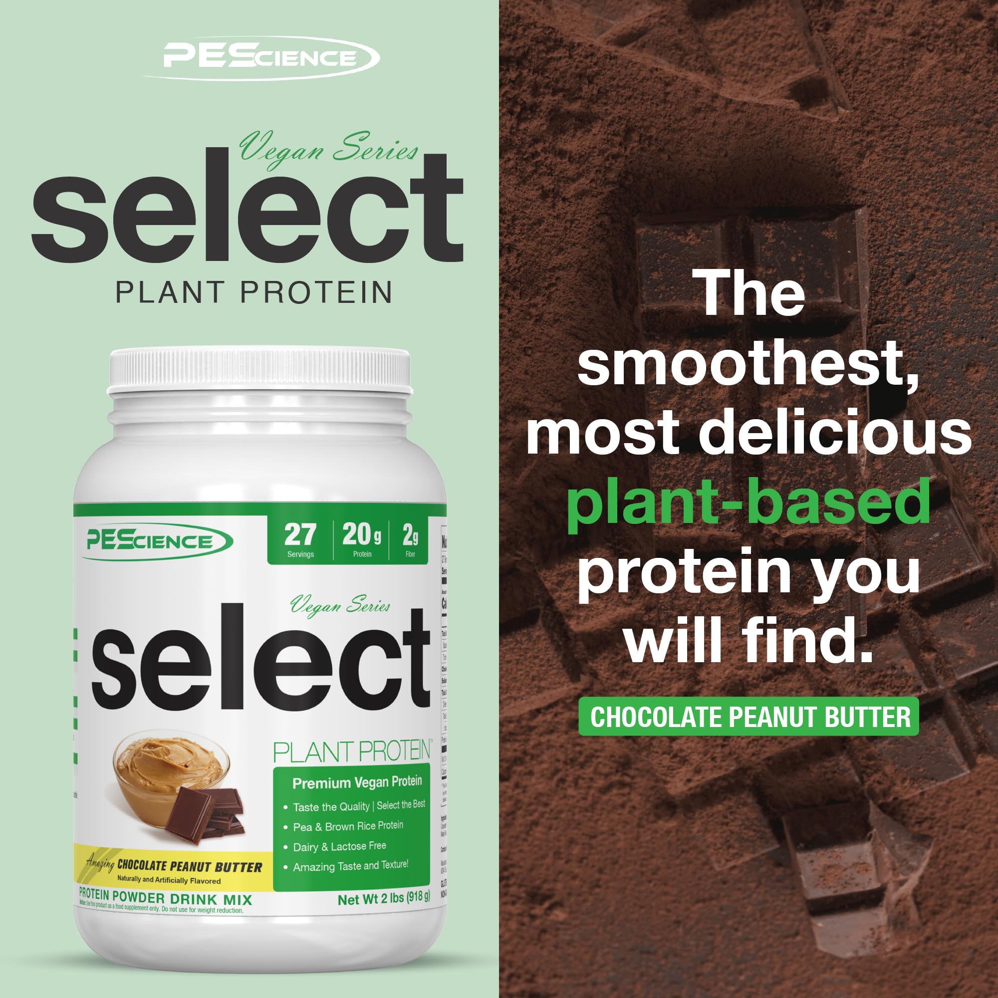 PEScience Select Vegan Plant Based Protein Powder - Chocolate Peanut Butter Flavor, 27 Servings | Premium Pea & Brown Rice Protein Blend for Muscle Recovery & Post-Workout Nutrition | Ideal for Smoothies, Baking & Healthy Meal Replacement