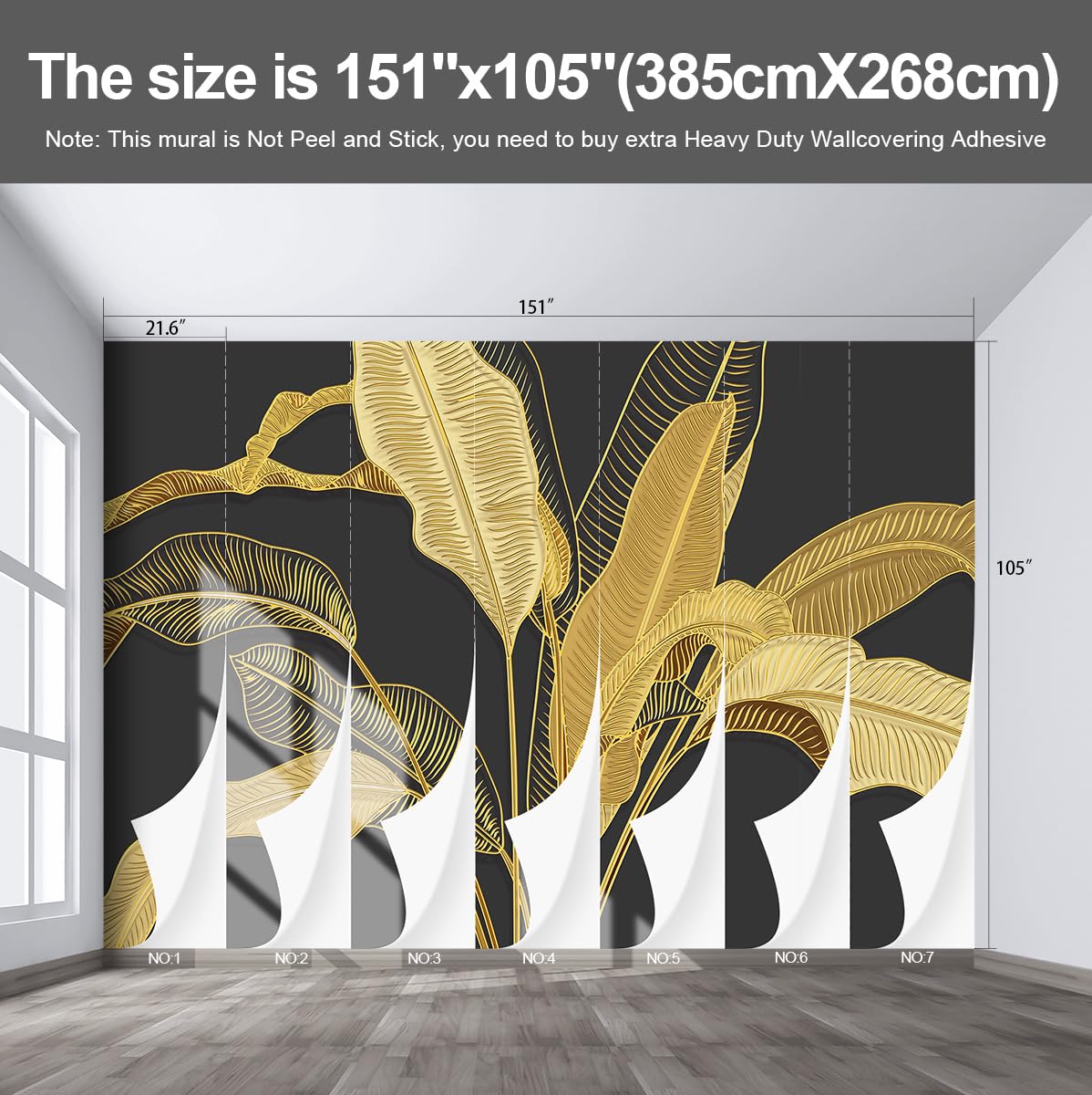Fightal Black & Gold Banana Leaf Wallpaper - Tropical Botanical Floral Large Wall Mural for Living Room & Bedroom | Non-Peel & Stick | 151x105 Inches | Perfect for Boho Decor, Accent Walls & Tropical Theme Rooms